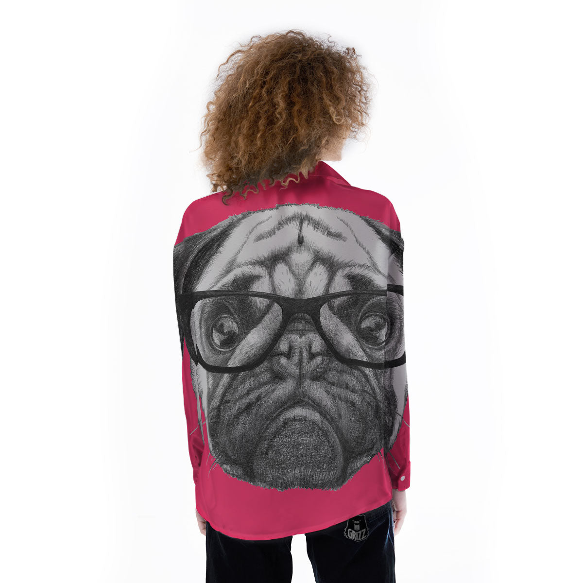Glasses Pug Portrait Print Women's Long Sleeve Shirts-grizzshop