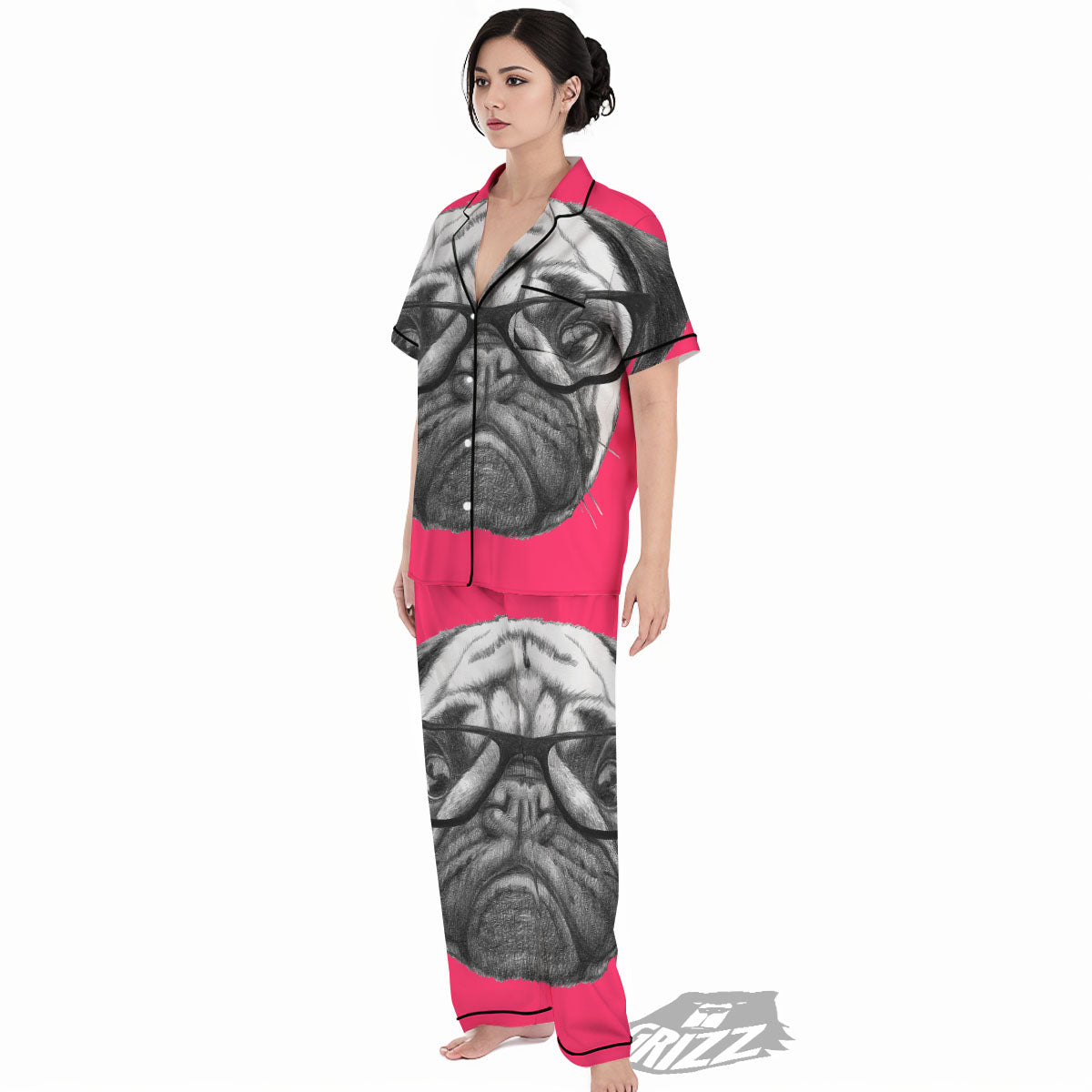 Glasses Pug Portrait Print Women's Pajamas Set-grizzshop