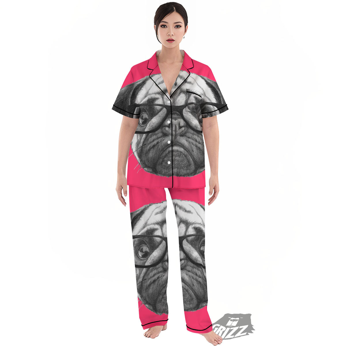Glasses Pug Portrait Print Women's Pajamas Set-grizzshop