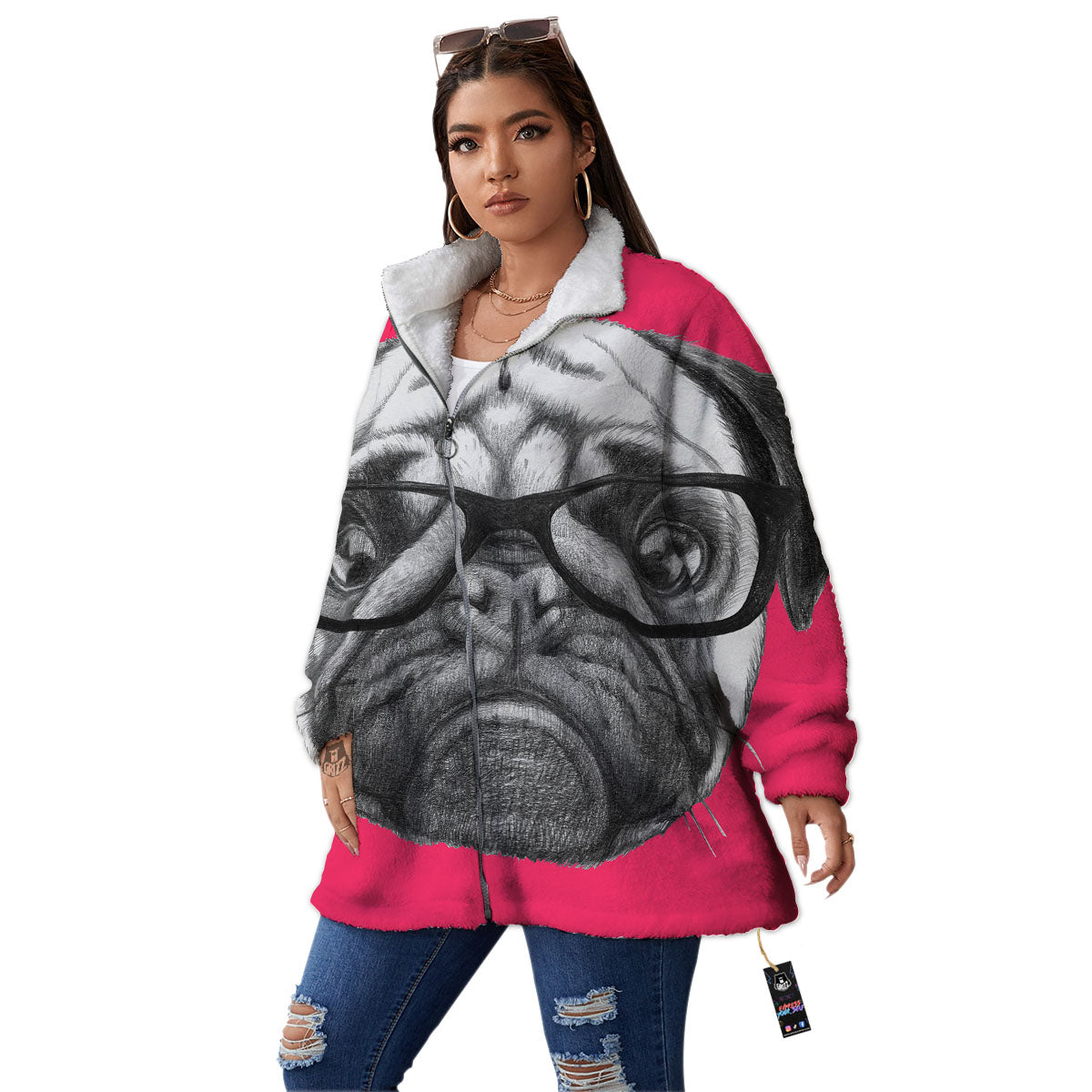 Glasses Pug Portrait Print Women's Sherpa Jacket-grizzshop