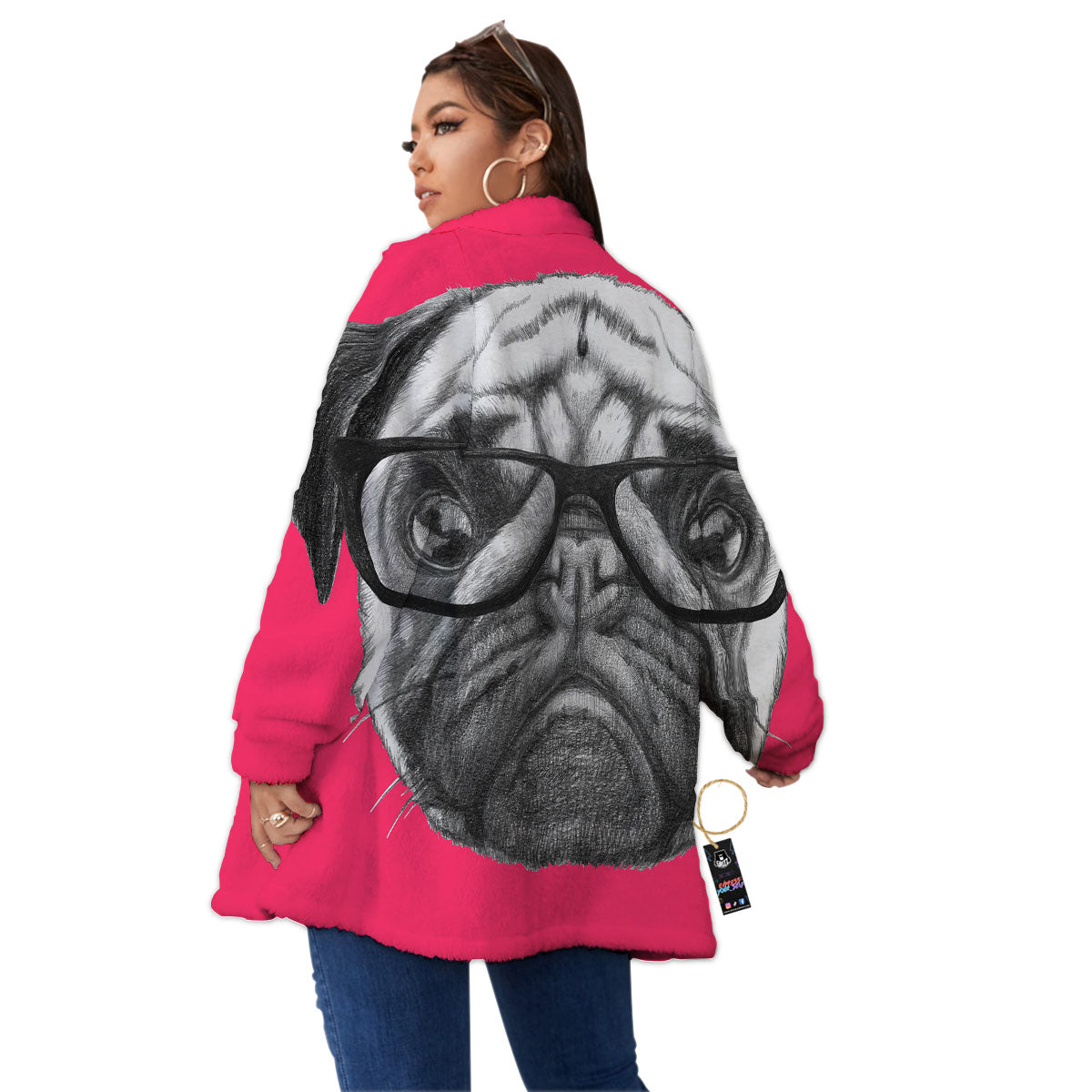 Glasses Pug Portrait Print Women's Sherpa Jacket-grizzshop