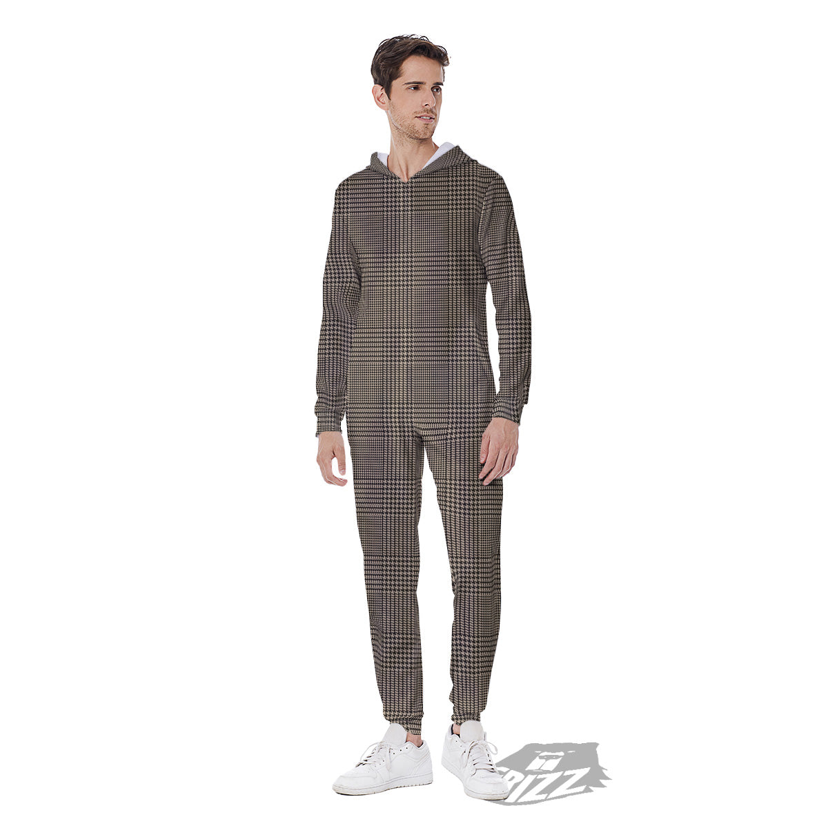 Glen Plaid Beige And Brown Print Men's Jumpsuit-grizzshop