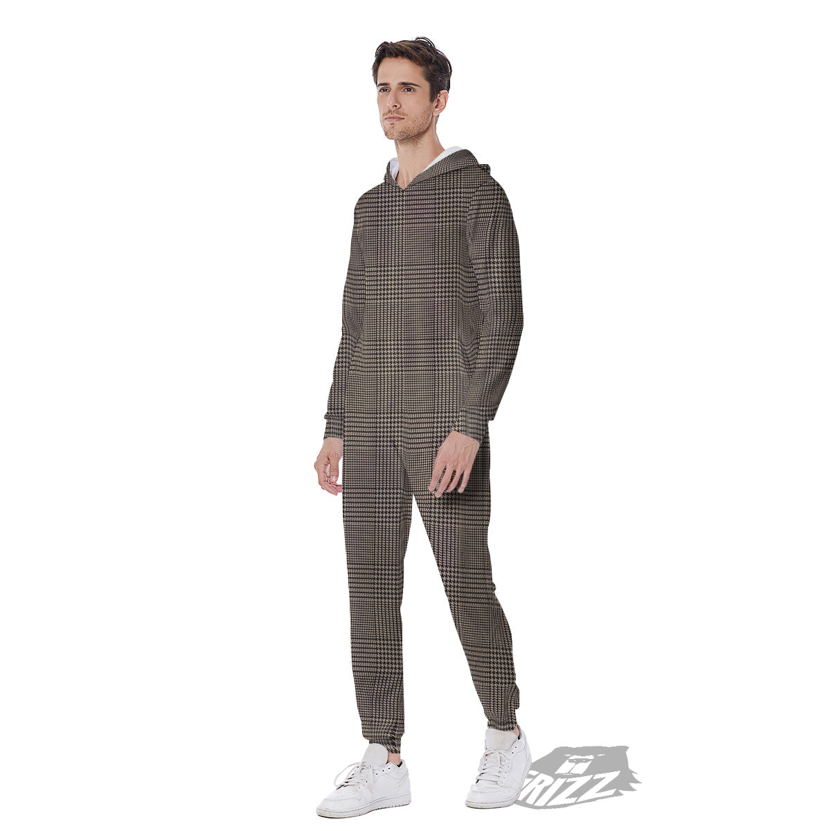 Glen Plaid Beige And Brown Print Men's Jumpsuit-grizzshop