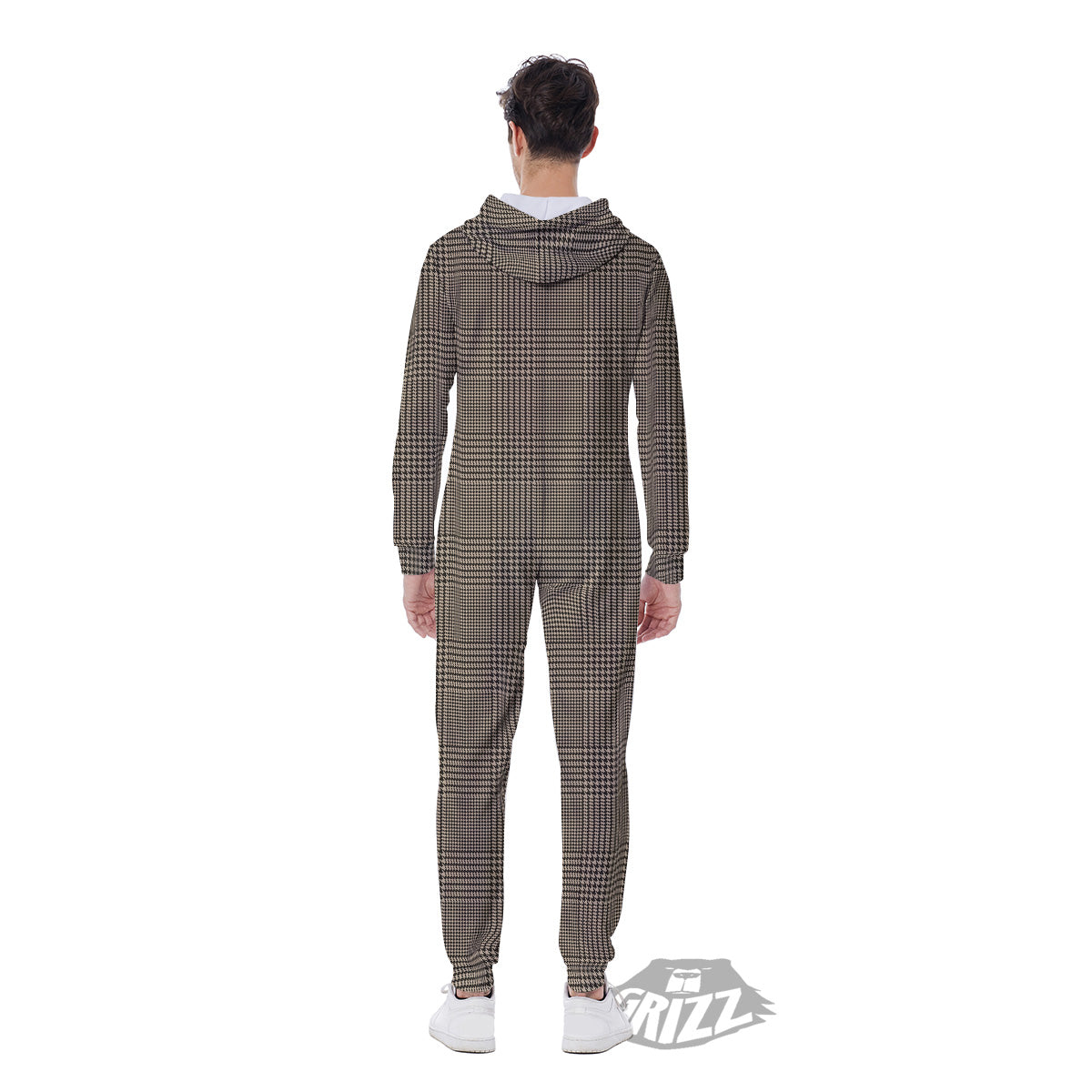 Glen Plaid Beige And Brown Print Men's Jumpsuit-grizzshop