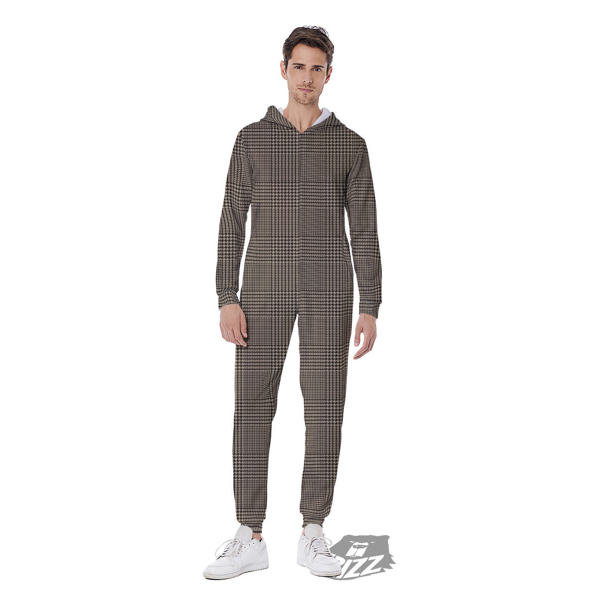 Glen Plaid Beige And Brown Print Men's Jumpsuit-grizzshop