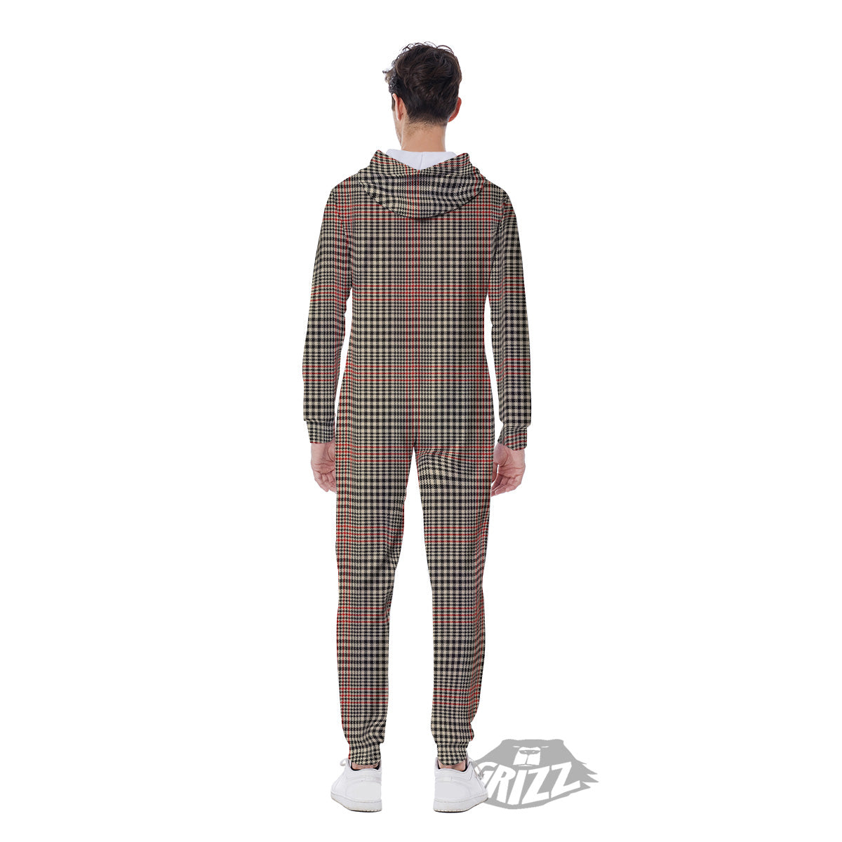 Glen Plaid Brown Beige Print Men's Jumpsuit-grizzshop