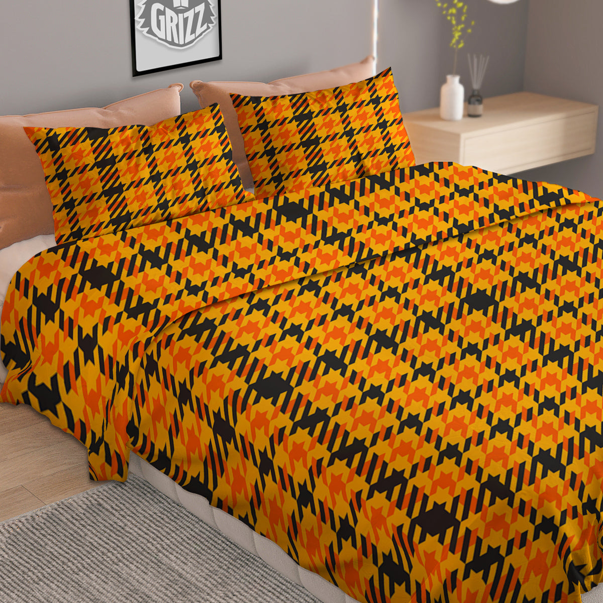Glen Plaid Houndstooth Halloween Print Pattern Duvet Cover Bedding Set
