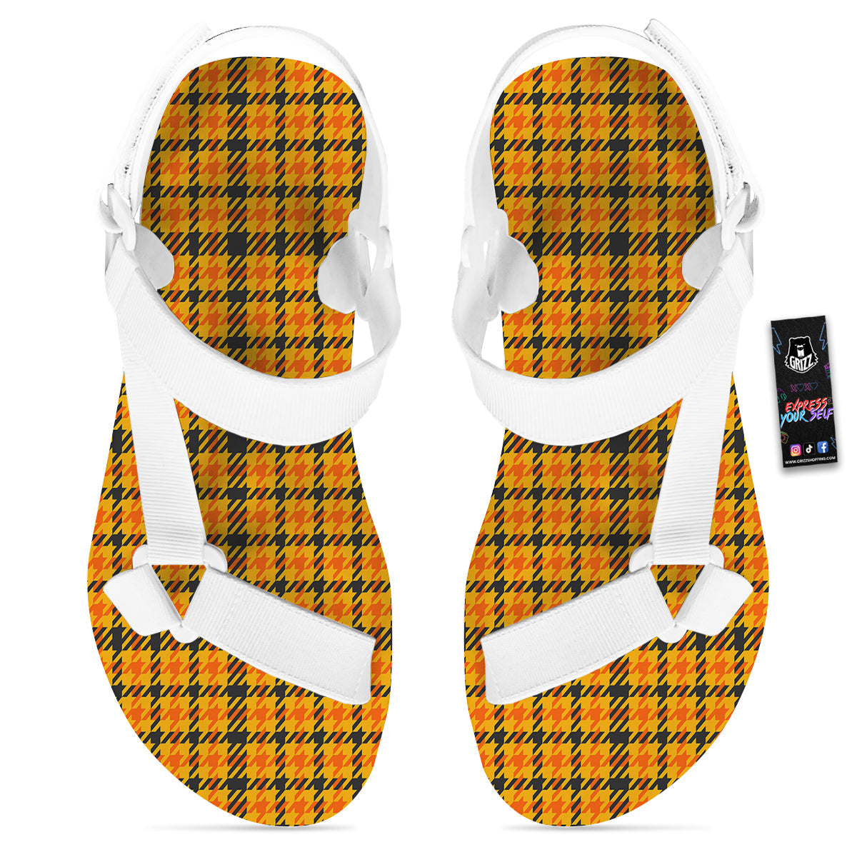 Glen Plaid Houndstooth Halloween Print Pattern White Open Toe Sandals-grizzshop