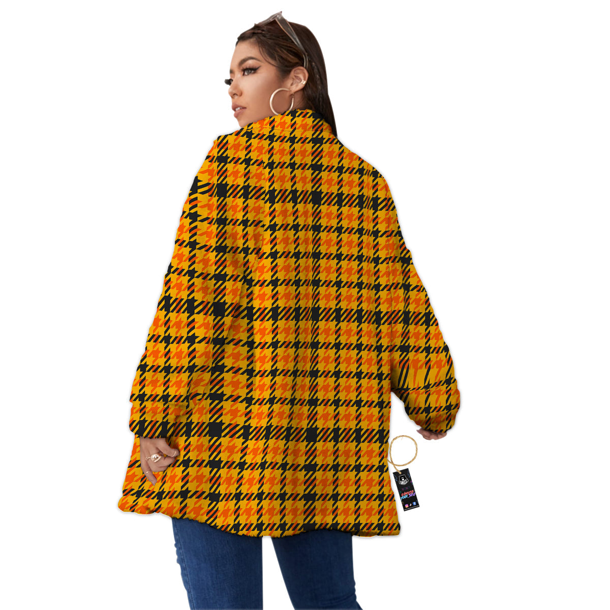 Glen Plaid Houndstooth Halloween Print Pattern Women's Sherpa Jacket-grizzshop