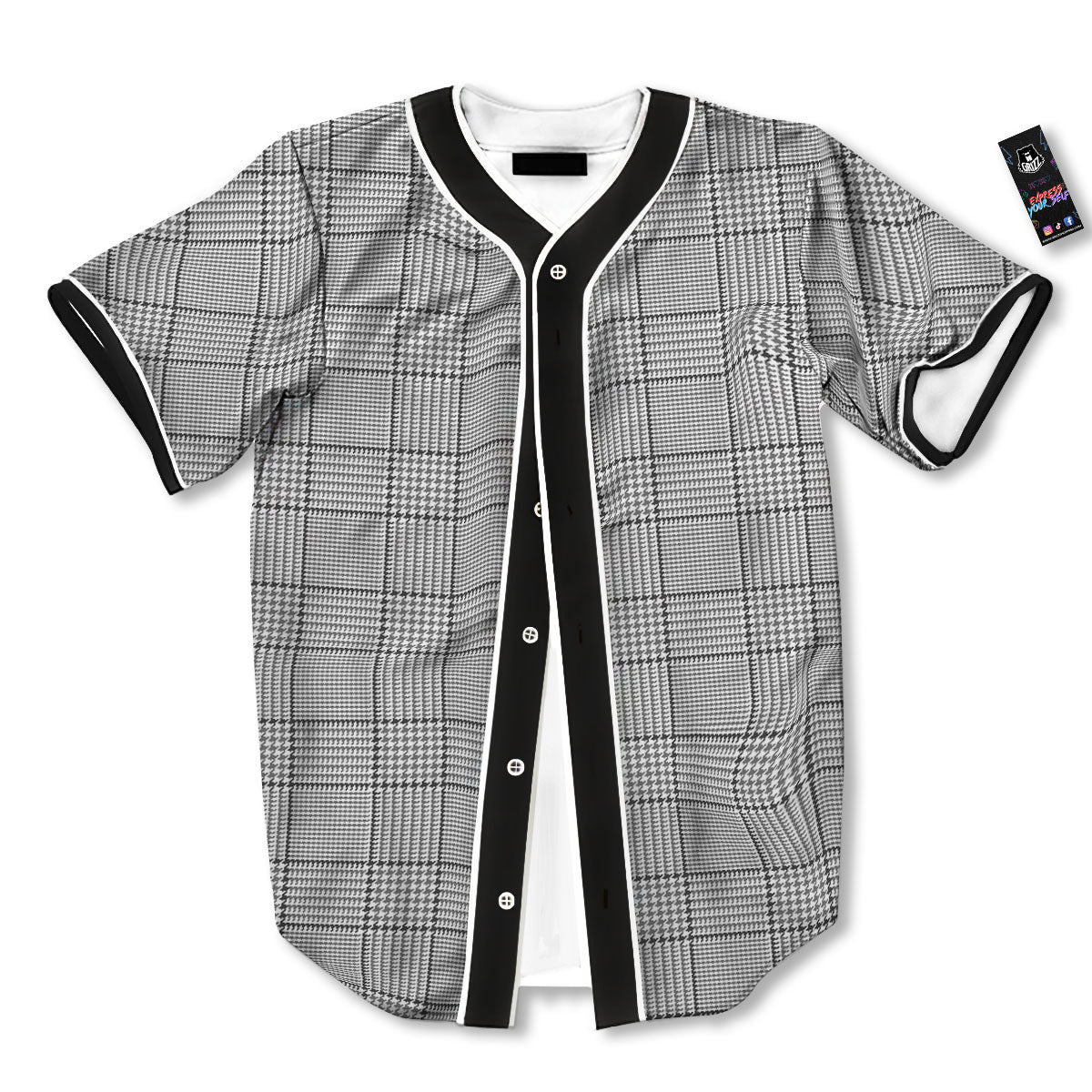 Glen Plaid White And Black Print Baseball Jersey-grizzshop