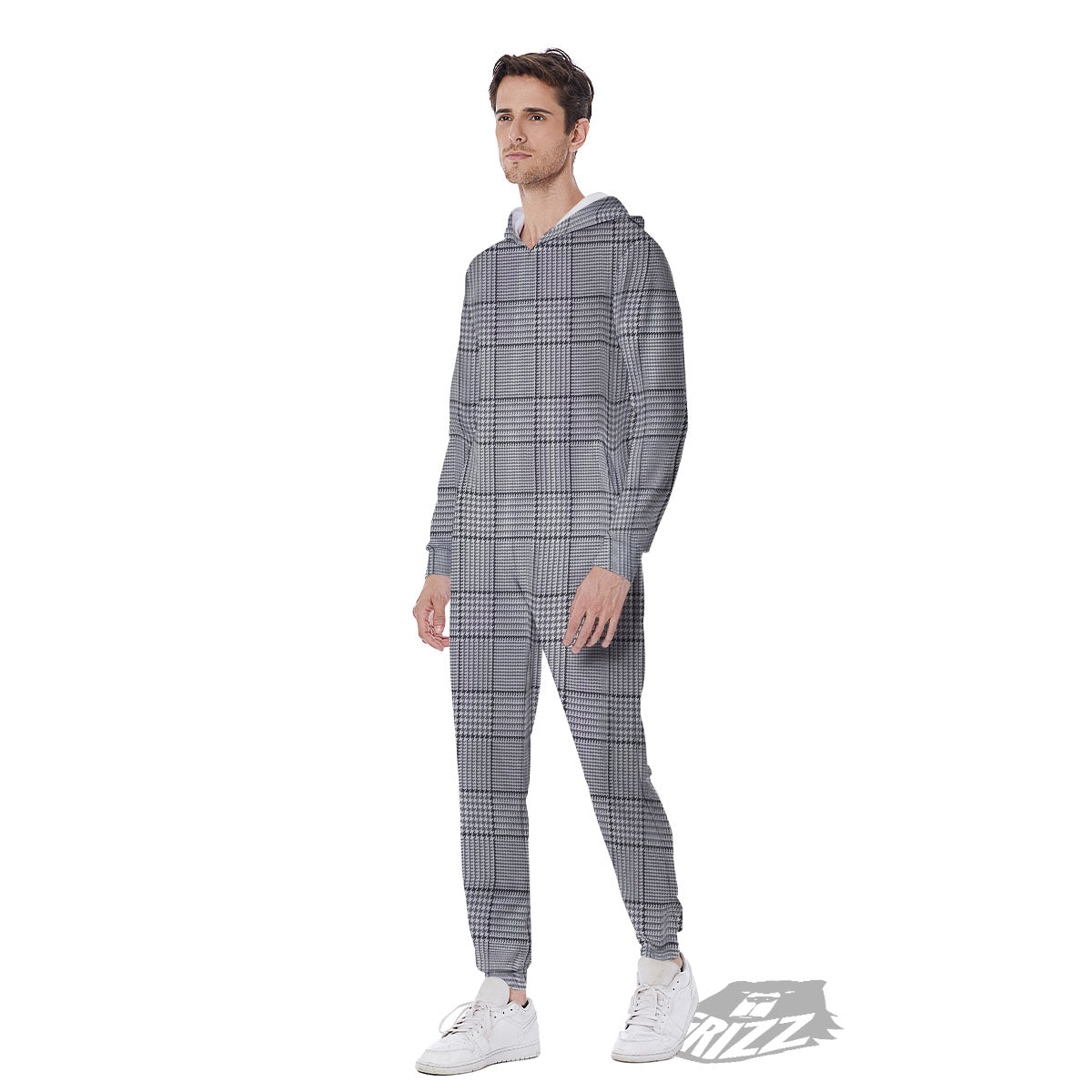 Glen Plaid White And Black Print Men's Jumpsuit-grizzshop