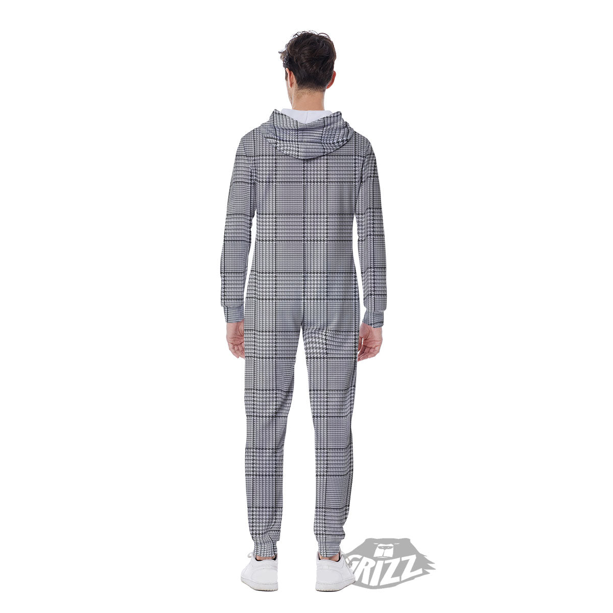 Glen Plaid White And Black Print Men's Jumpsuit-grizzshop