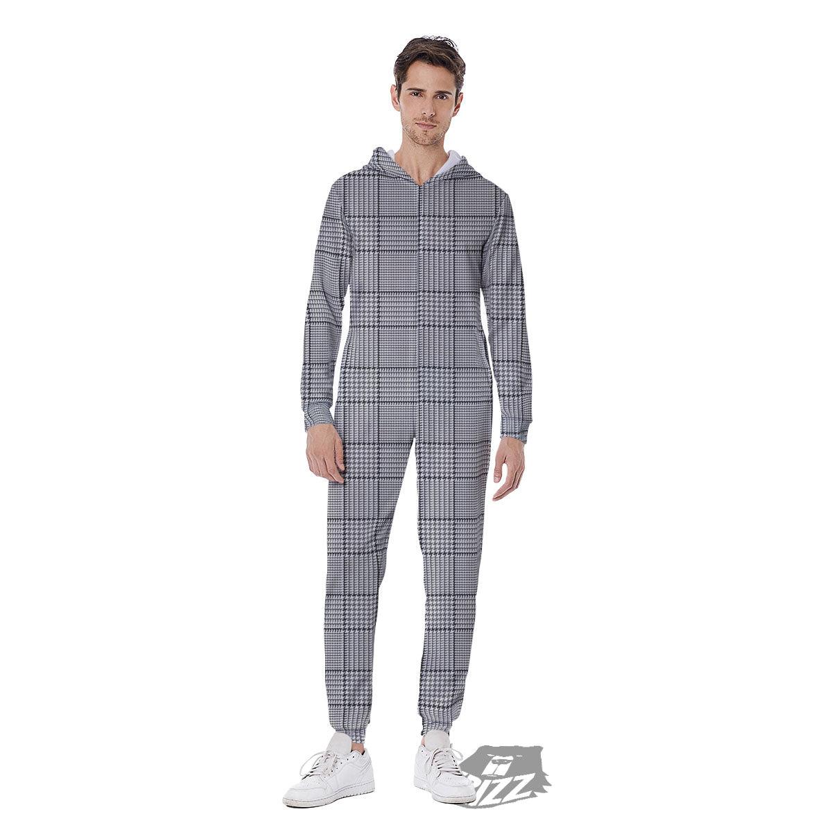 Glen Plaid White And Black Print Men's Jumpsuit-grizzshop