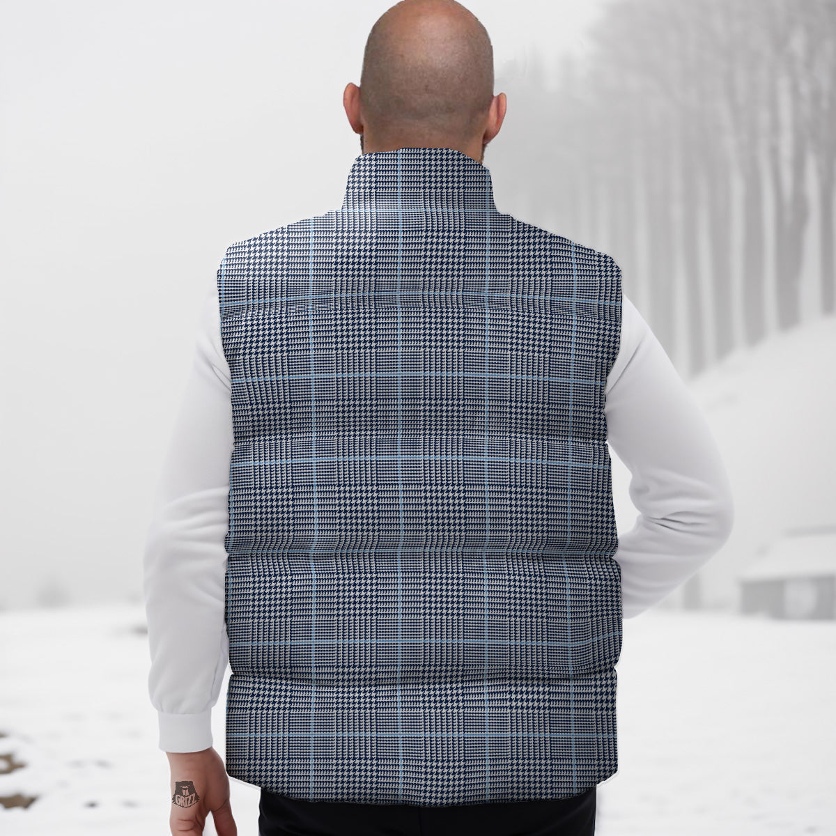 Glen Plaid White And Blue Print Down Vest