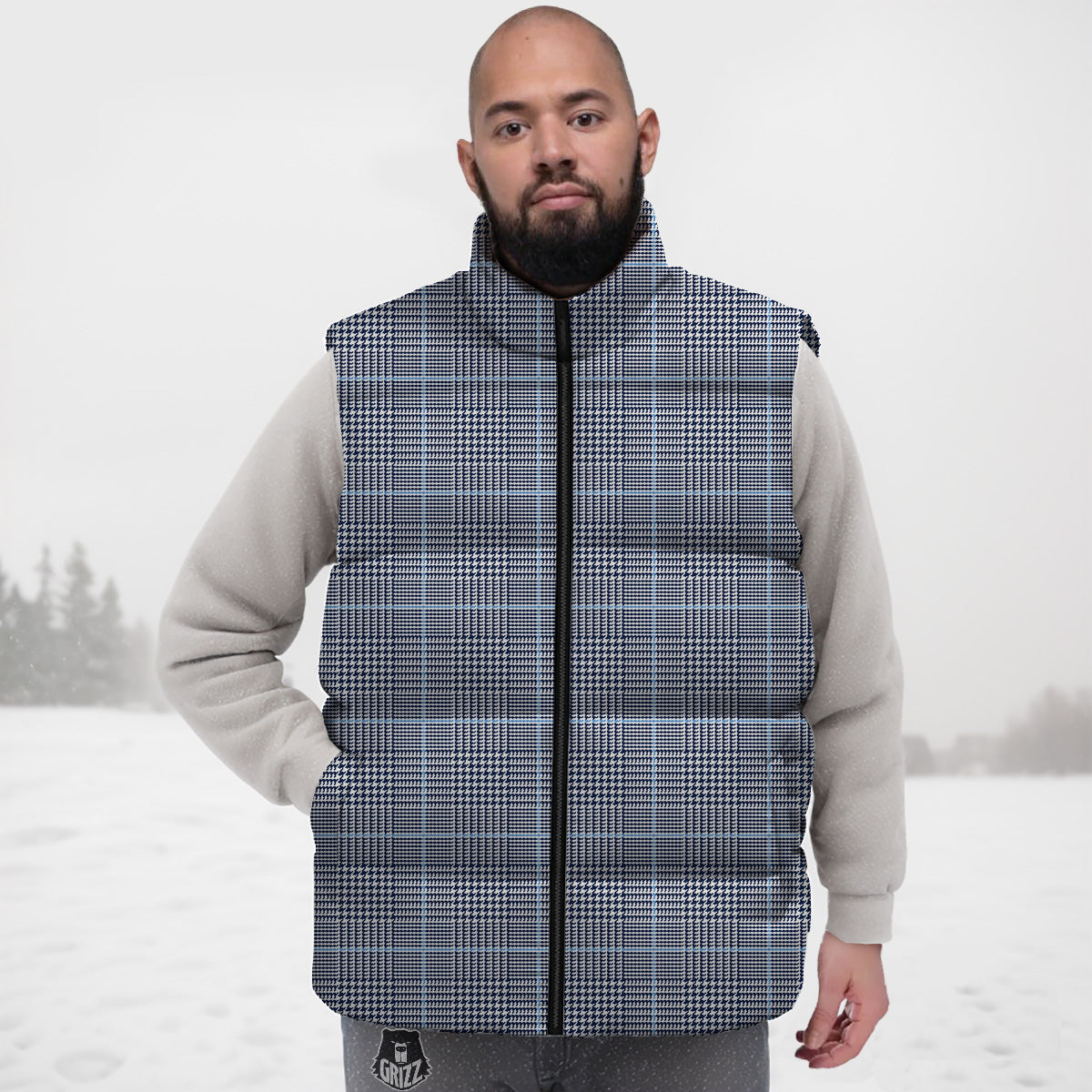 Glen Plaid White And Blue Print Down Vest