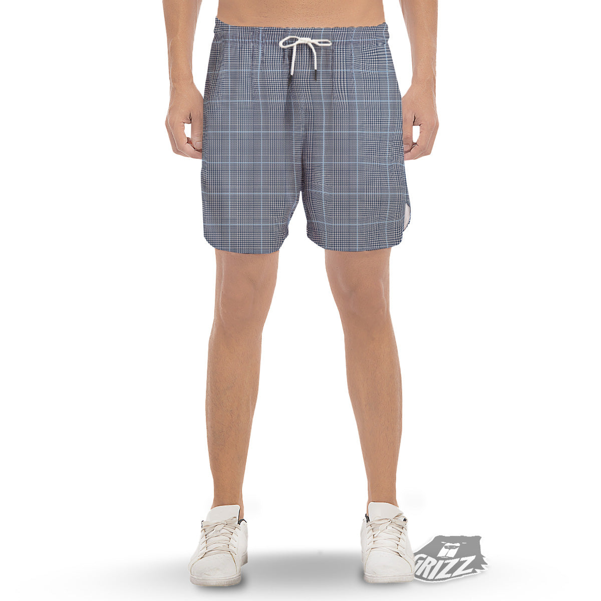 Glen Plaid White And Blue Print Men's Gym Shorts-grizzshop