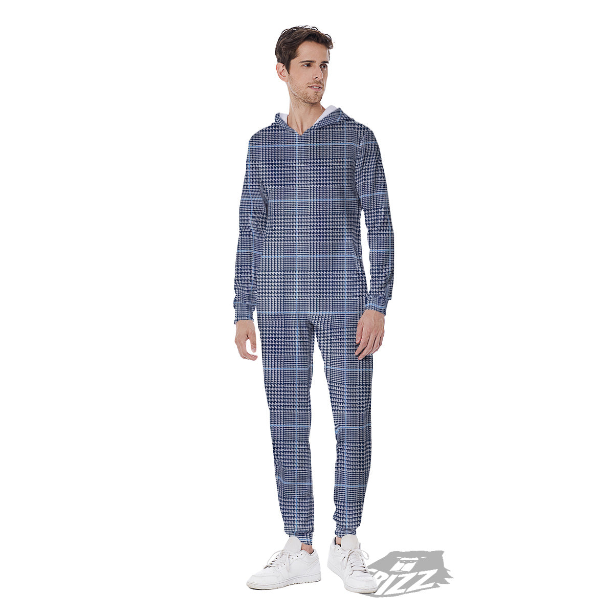 Glen Plaid White And Blue Print Men's Jumpsuit-grizzshop