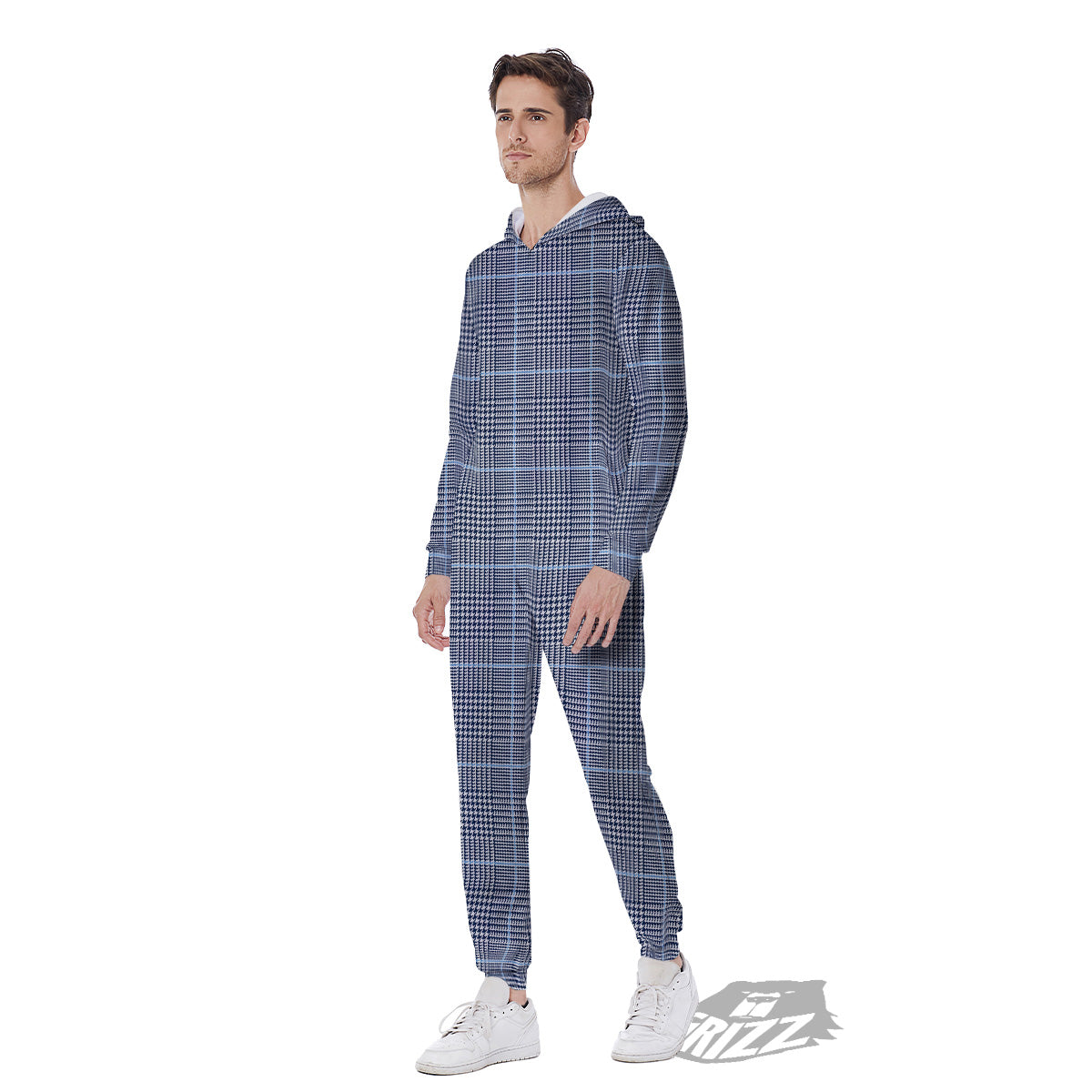 Glen Plaid White And Blue Print Men's Jumpsuit-grizzshop