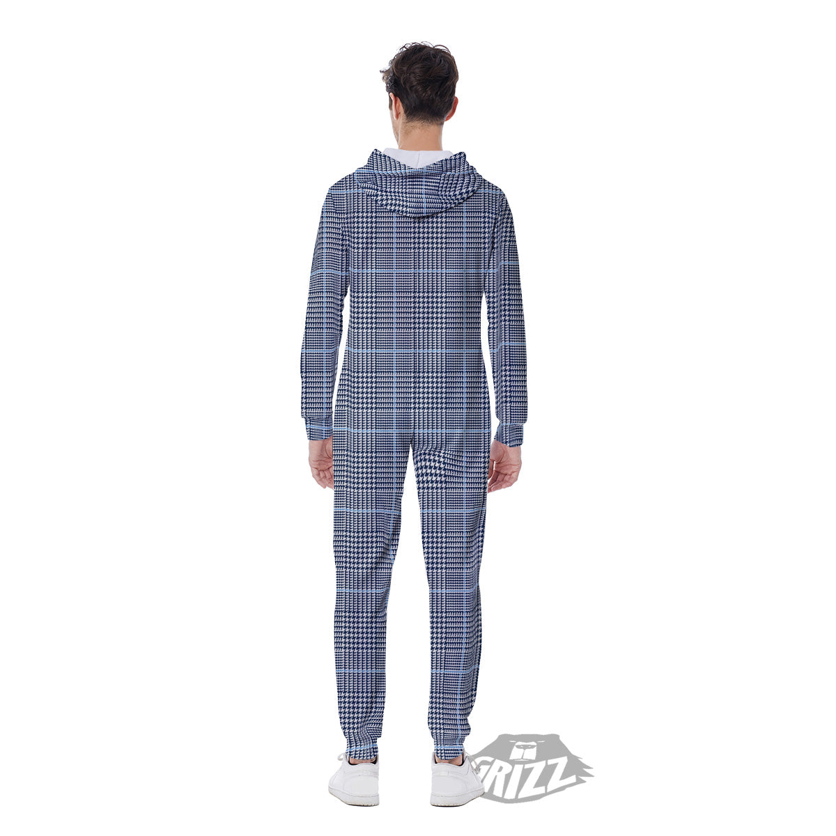Glen Plaid White And Blue Print Men's Jumpsuit-grizzshop