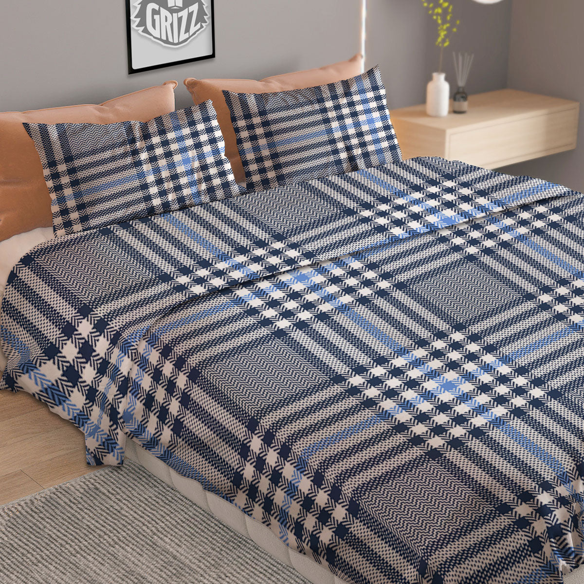Glen Plaid White And Navy Print Duvet Cover Bedding Set