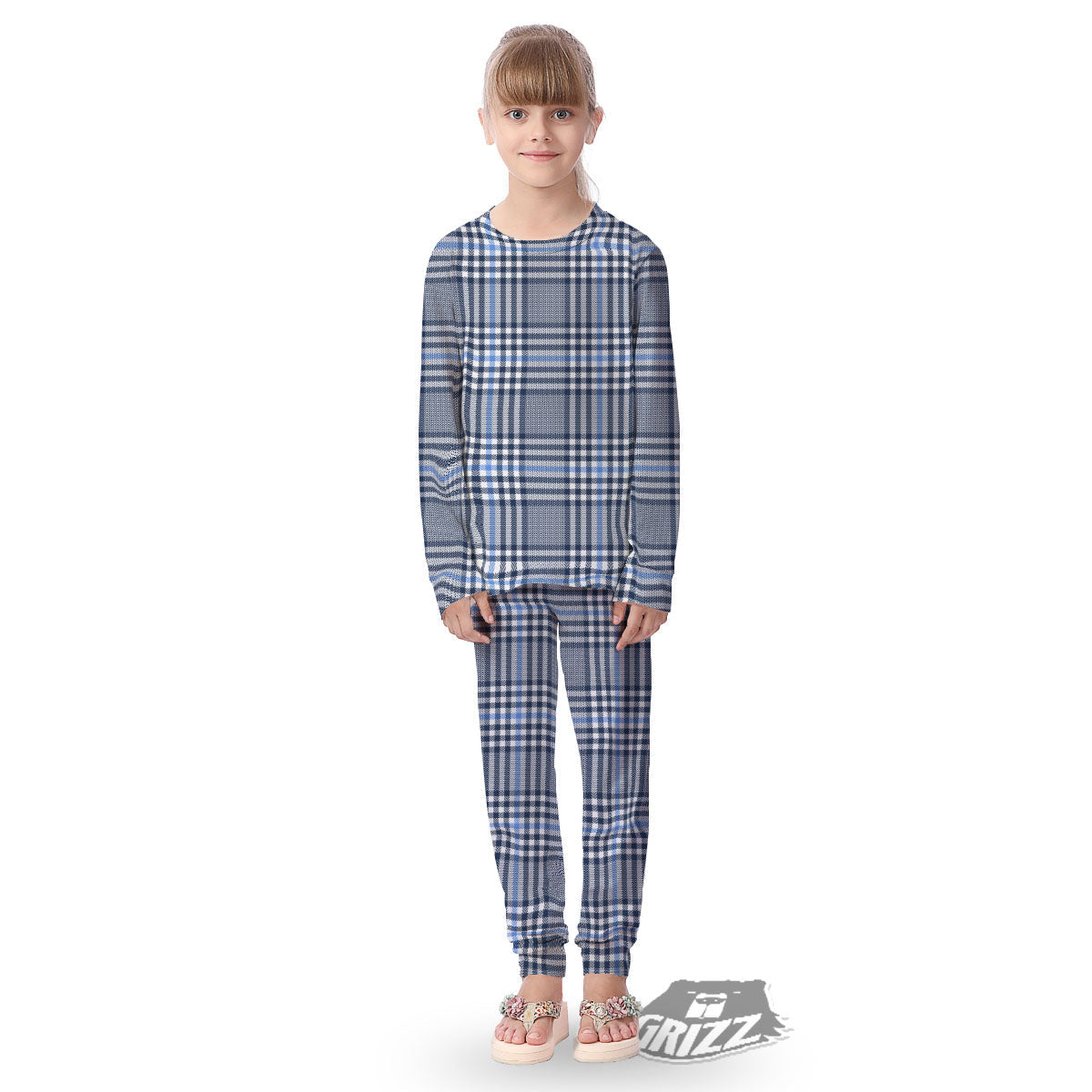 Glen Plaid White And Navy Print Kid's Pajamas-grizzshop