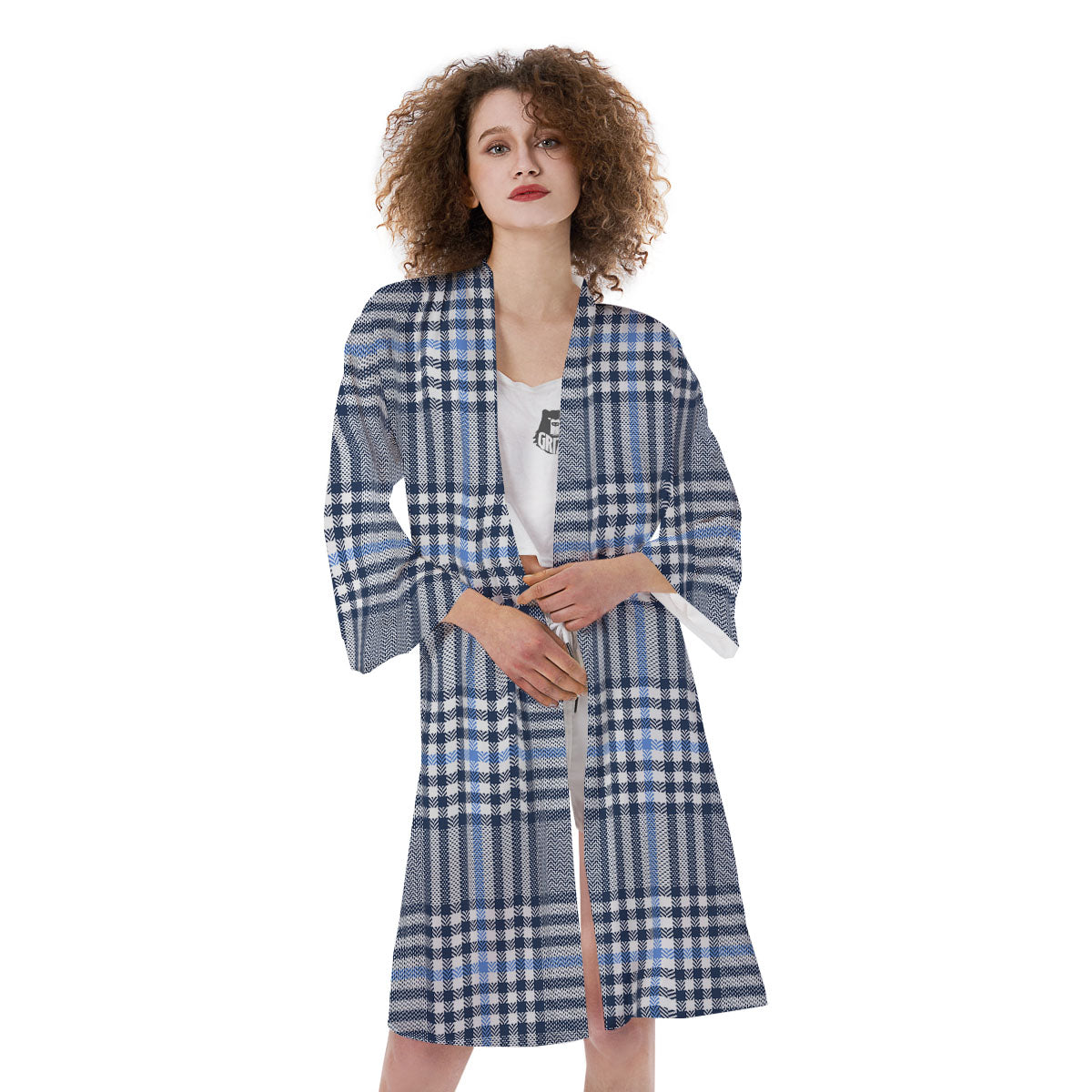 Glen Plaid White And Navy Print Kimono-grizzshop