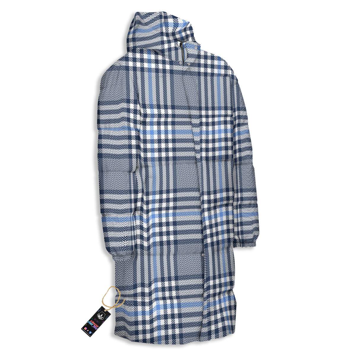 Glen Plaid White And Navy Print Long Down Jacket-grizzshop