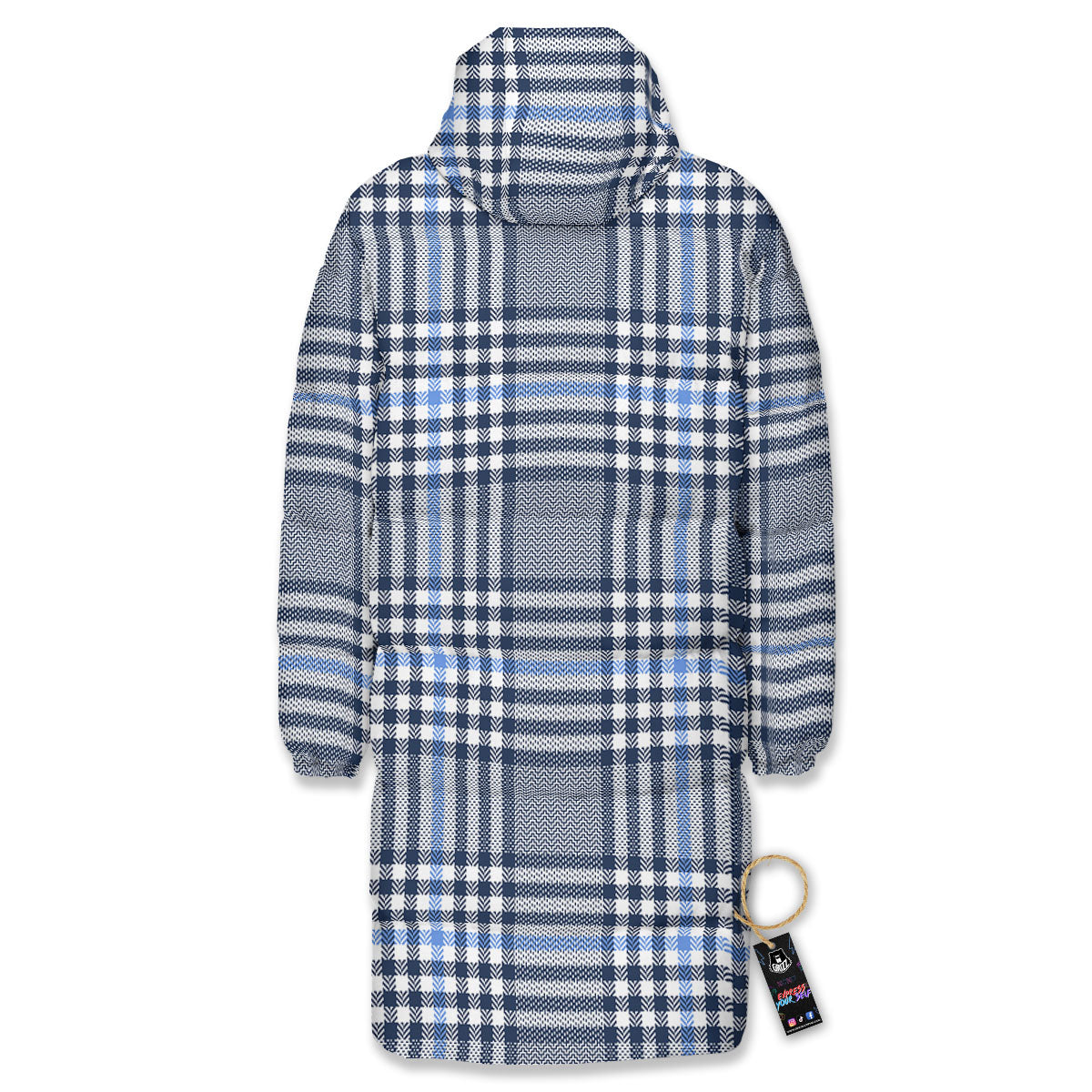 Glen Plaid White And Navy Print Long Down Jacket-grizzshop