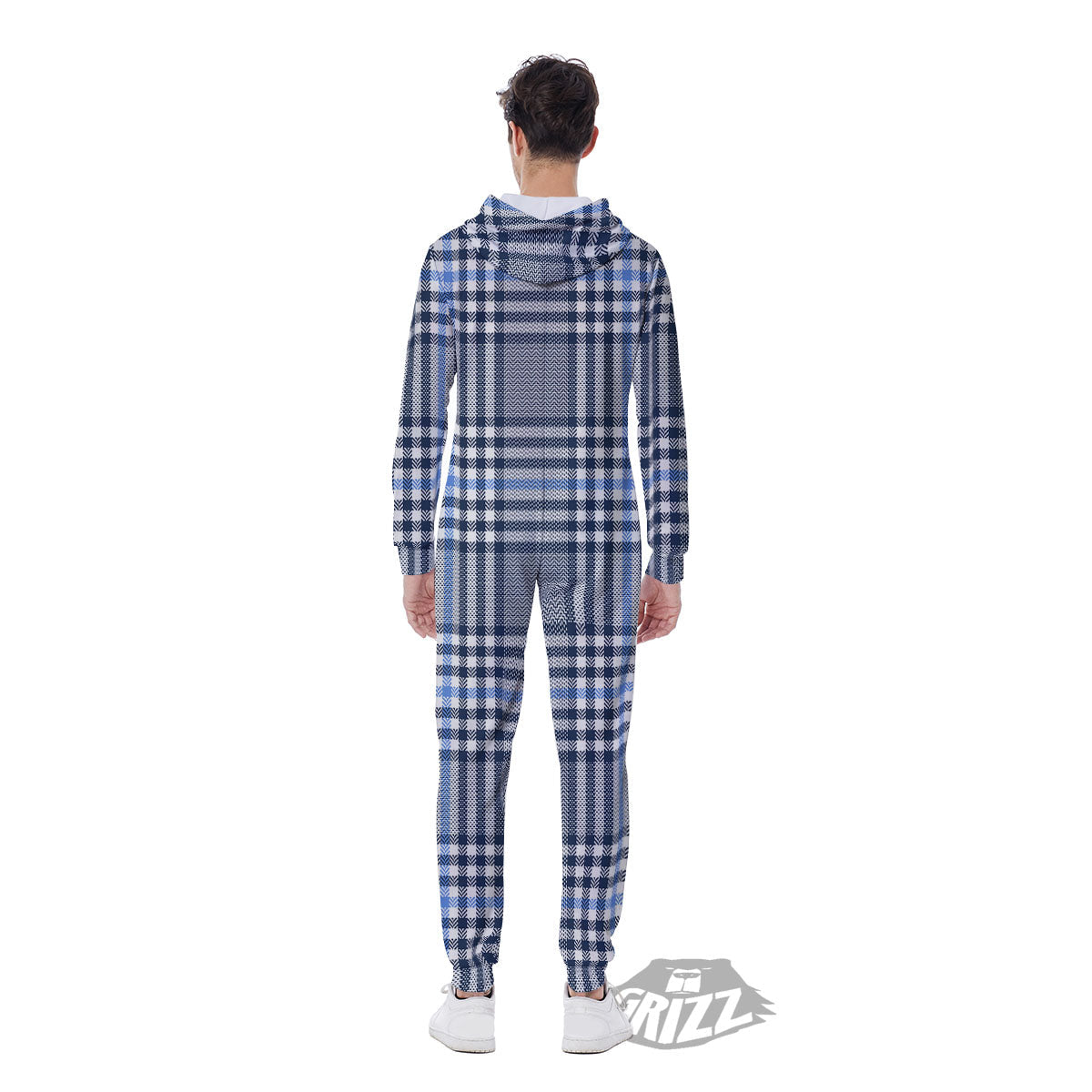 Glen Plaid White And Navy Print Men's Jumpsuit-grizzshop