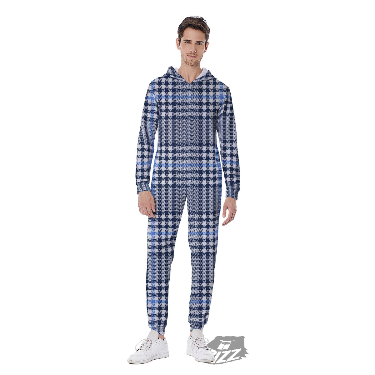 Glen Plaid White And Navy Print Men's Jumpsuit-grizzshop