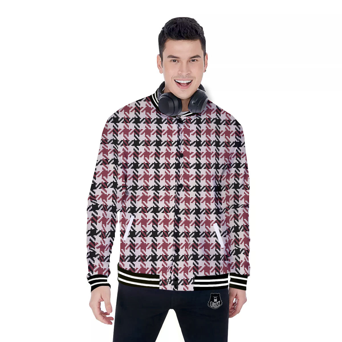 Glen Plaid White And Red Print Baseball Jacket-grizzshop