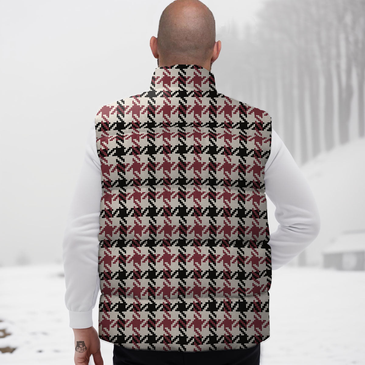 Glen Plaid White And Red Print Down Vest