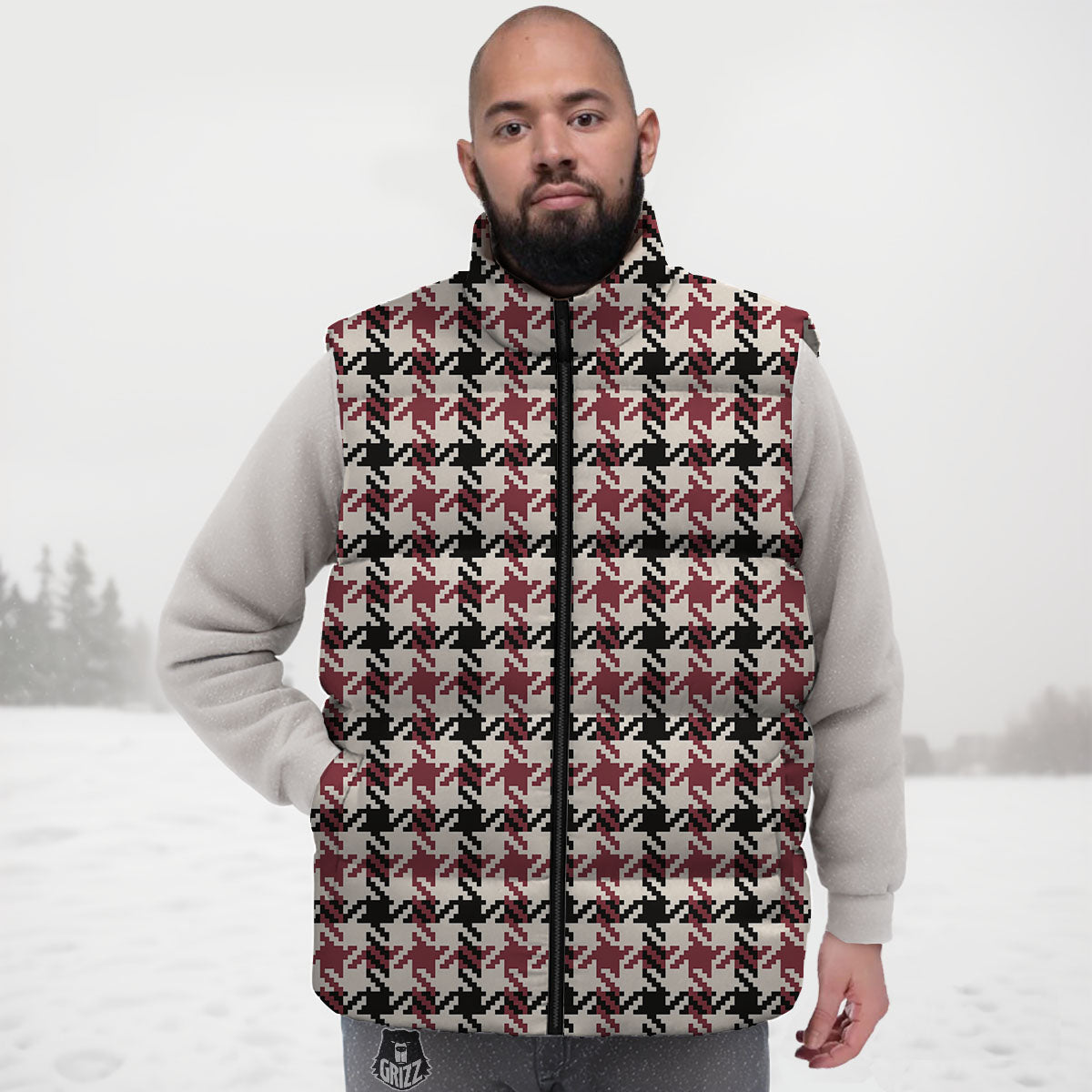 Glen Plaid White And Red Print Down Vest