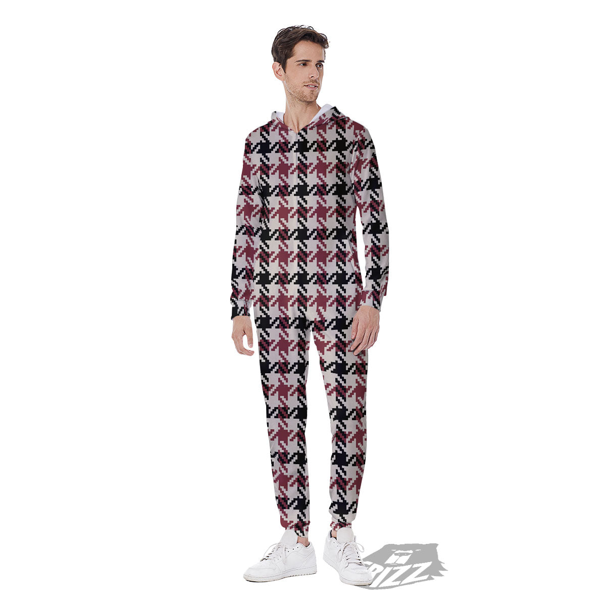 Glen Plaid White And Red Print Men's Jumpsuit-grizzshop