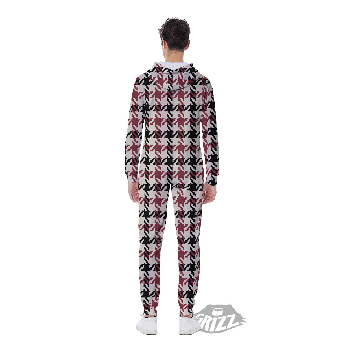 Glen Plaid White And Red Print Men's Jumpsuit-grizzshop
