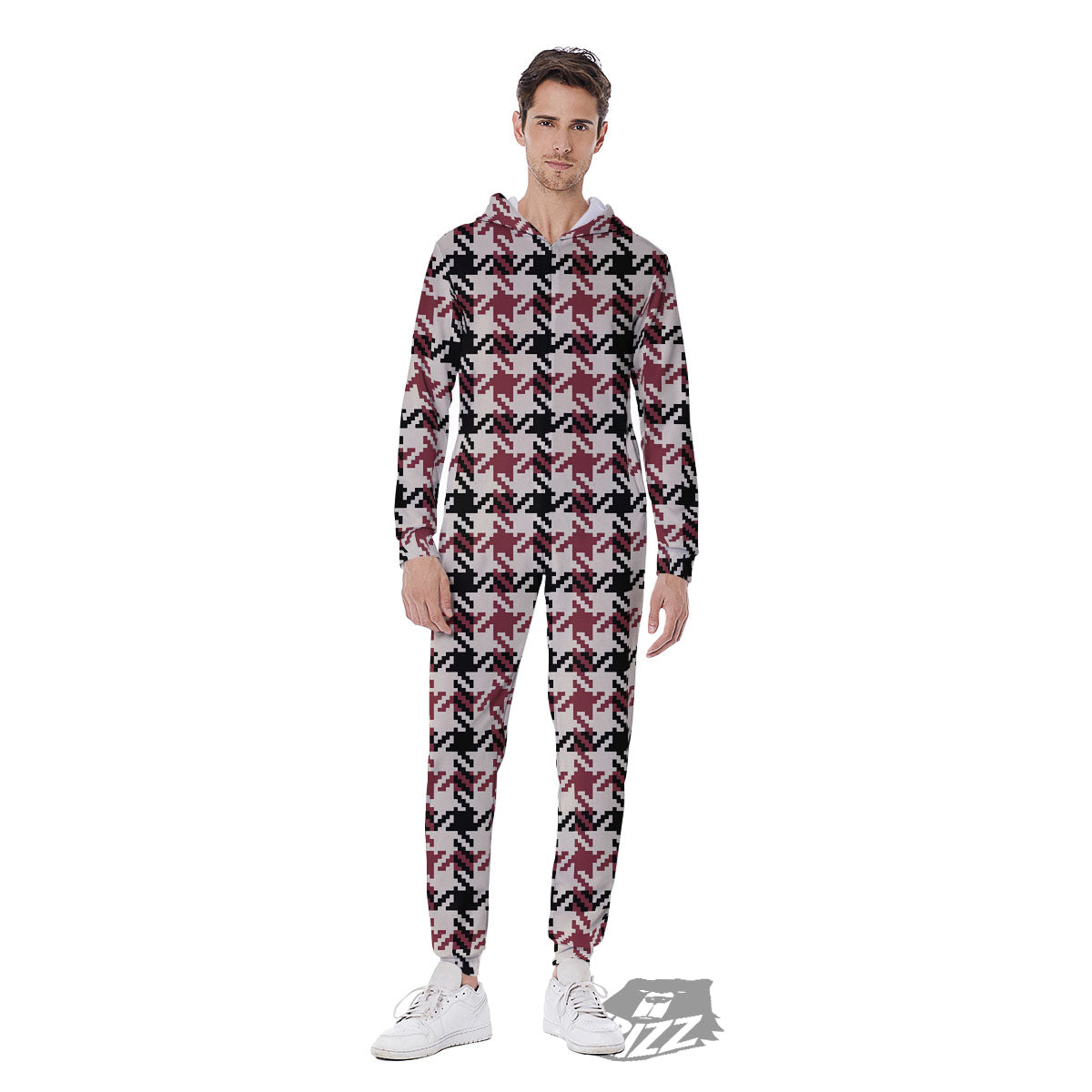 Glen Plaid White And Red Print Men's Jumpsuit-grizzshop