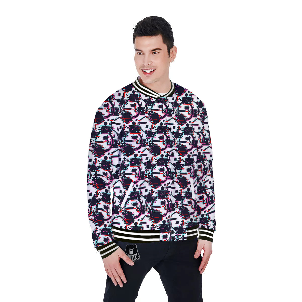 Glitch Effect Print Pattern Baseball Jacket-grizzshop