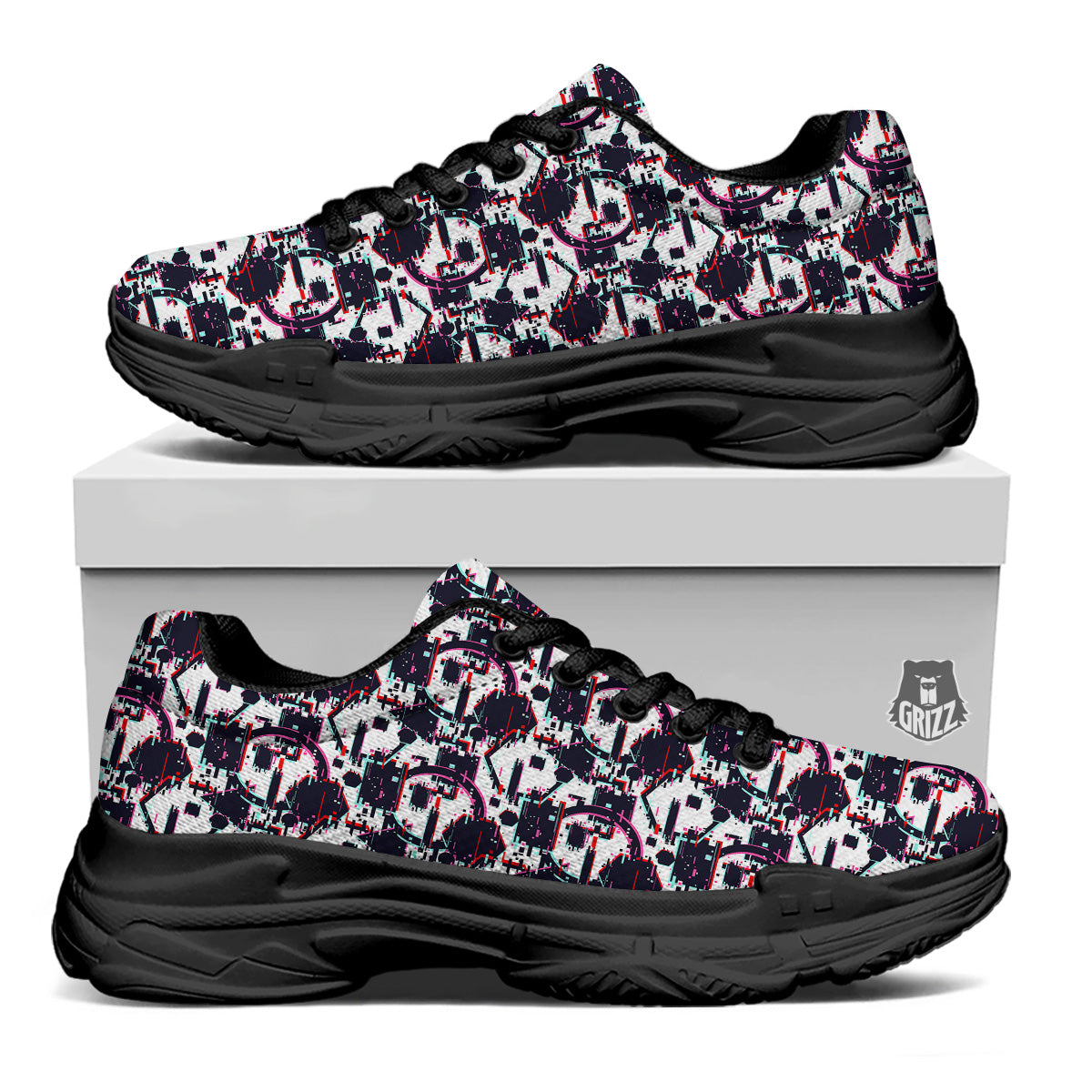 Glitch Effect Print Pattern Black Chunky Shoes-grizzshop
