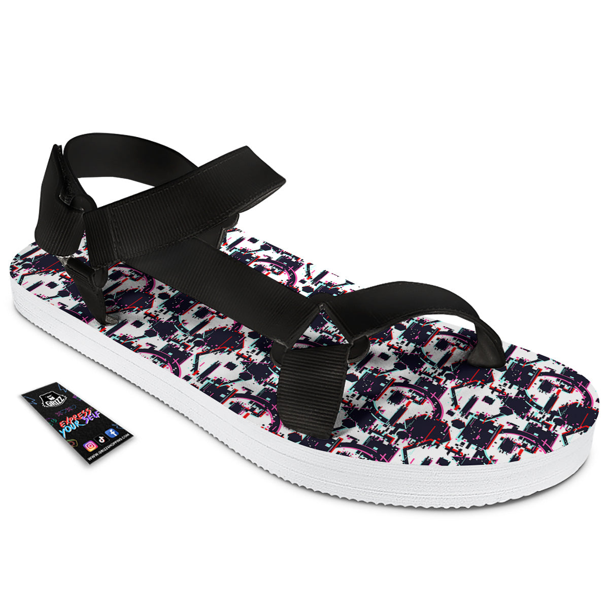 Glitch Effect Print Pattern Black Open Toe Sandals-grizzshop
