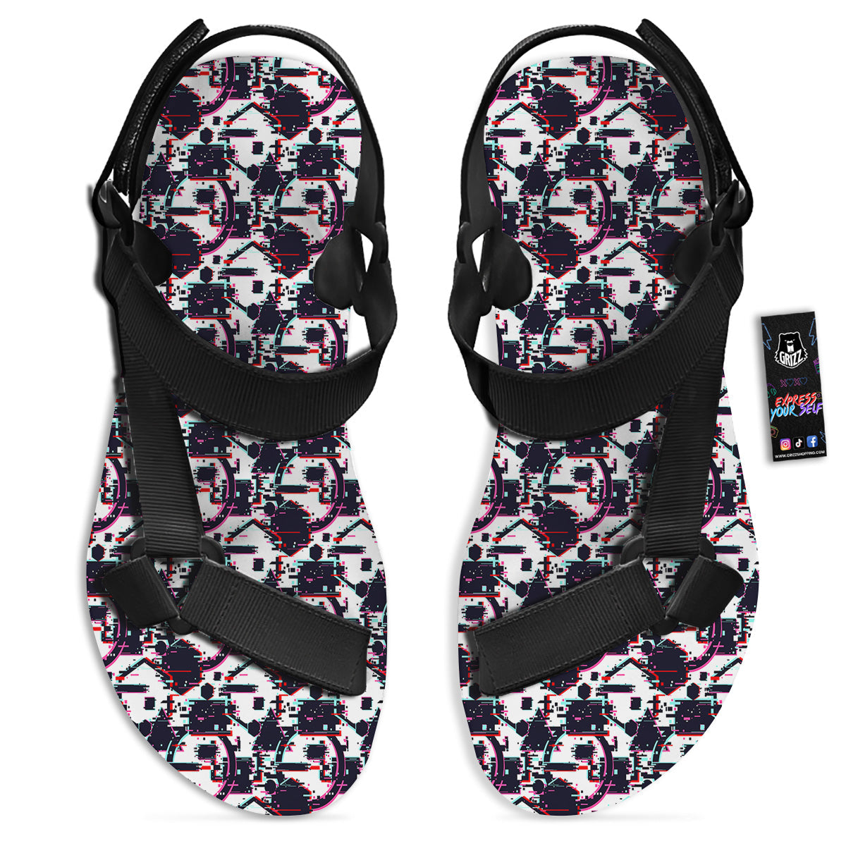 Glitch Effect Print Pattern Black Open Toe Sandals-grizzshop