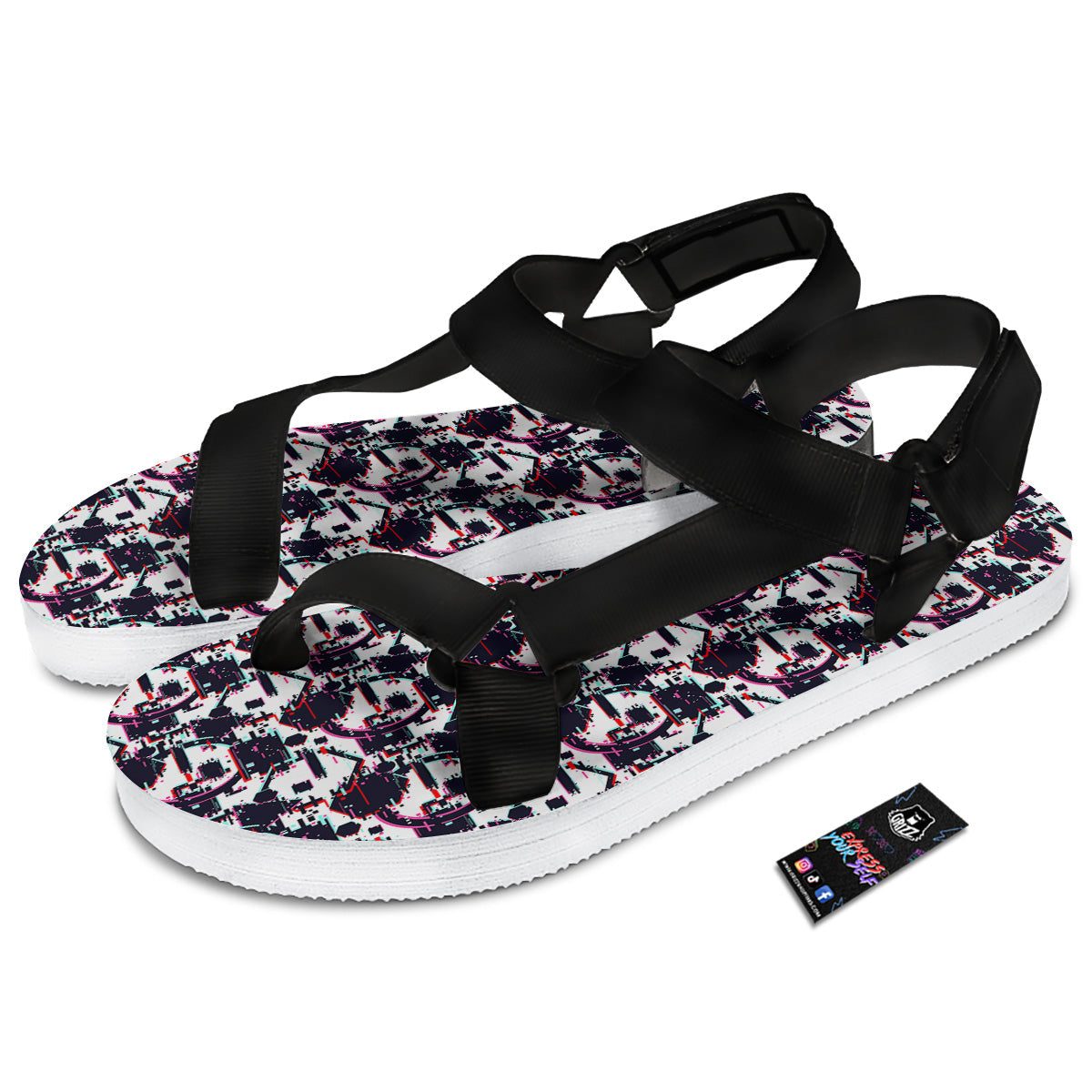 Glitch Effect Print Pattern Black Open Toe Sandals-grizzshop