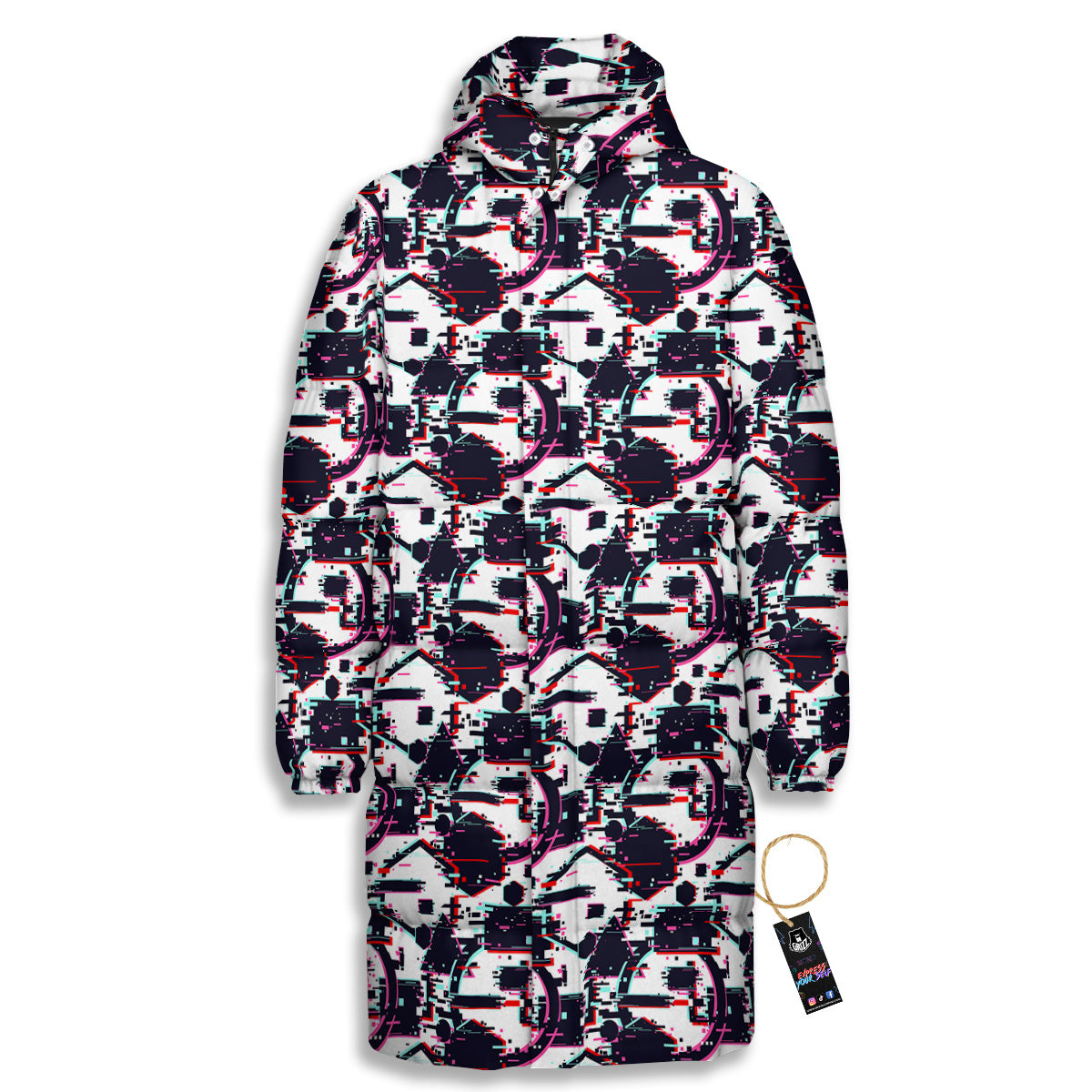 Glitch Effect Print Pattern Long Down Jacket-grizzshop
