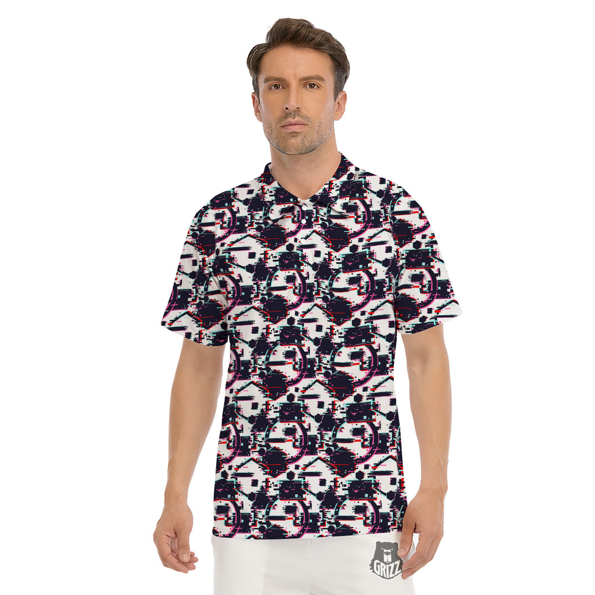 Glitch Effect Print Pattern Men's Golf Shirts-grizzshop