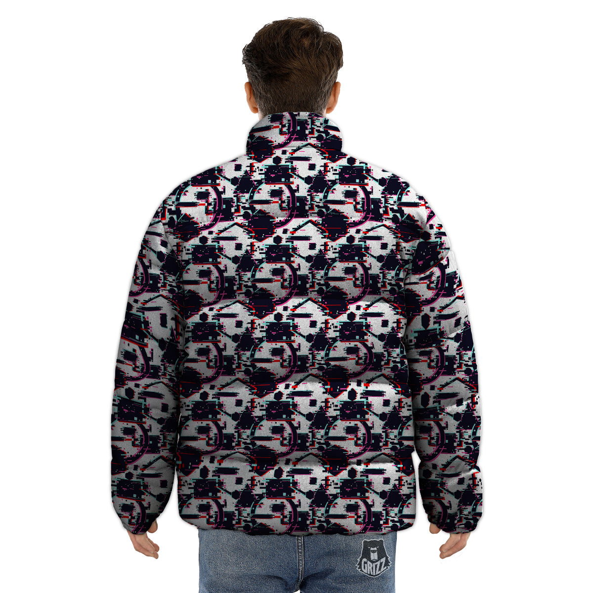 Glitch Effect Print Pattern Puffer Jacket-grizzshop