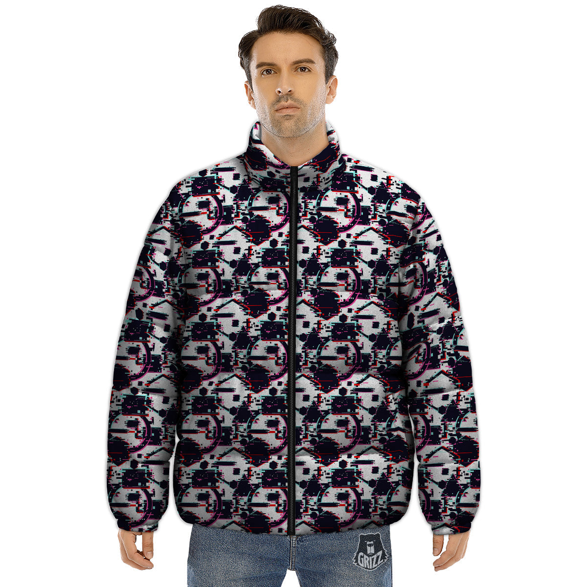 Glitch Effect Print Pattern Puffer Jacket-grizzshop