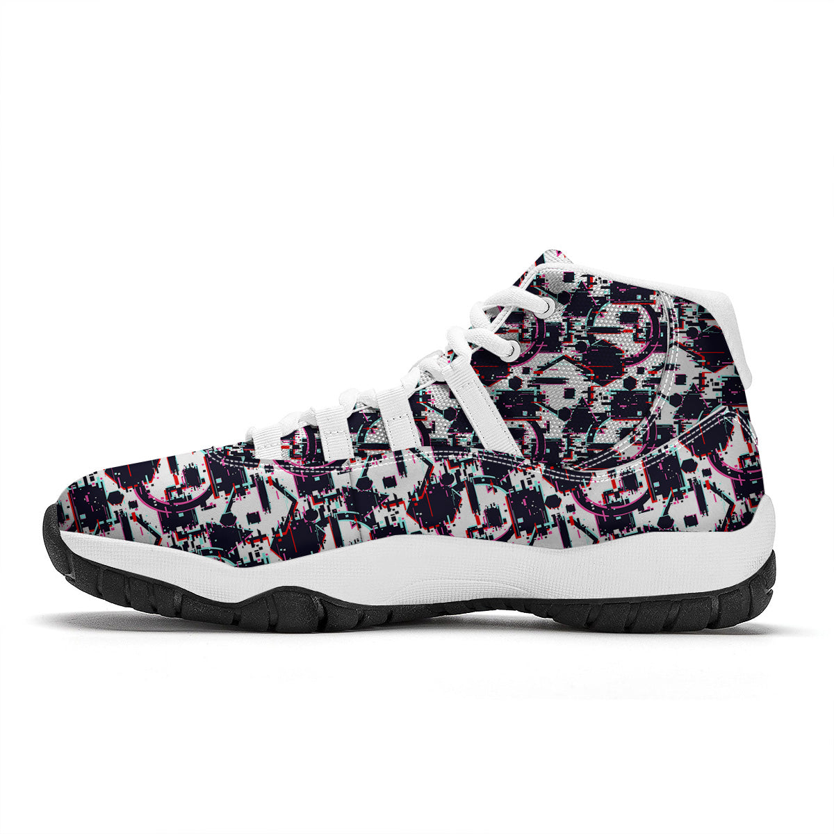 Glitch Effect Print Pattern White Bball Shoes-grizzshop