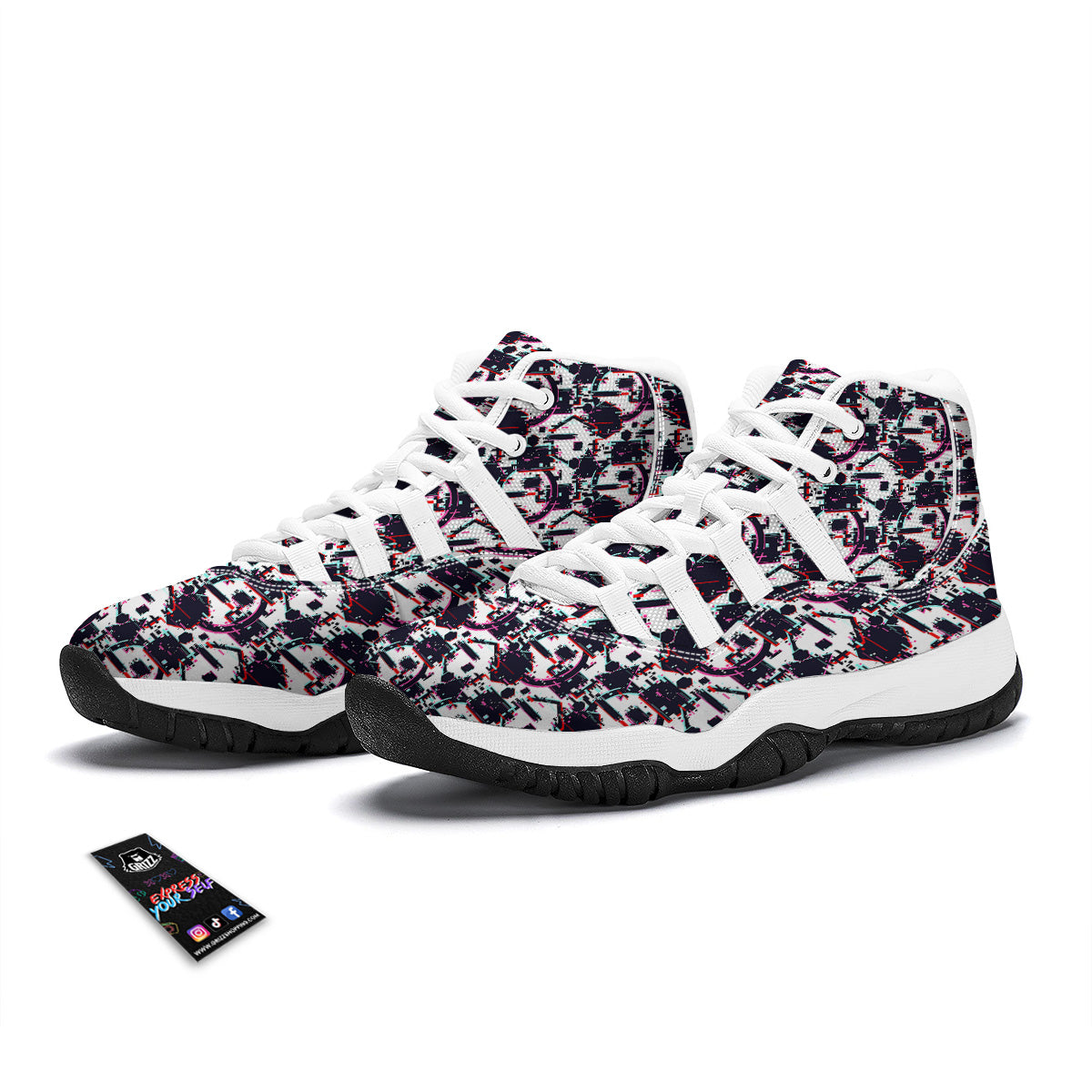 Glitch Effect Print Pattern White Bball Shoes-grizzshop