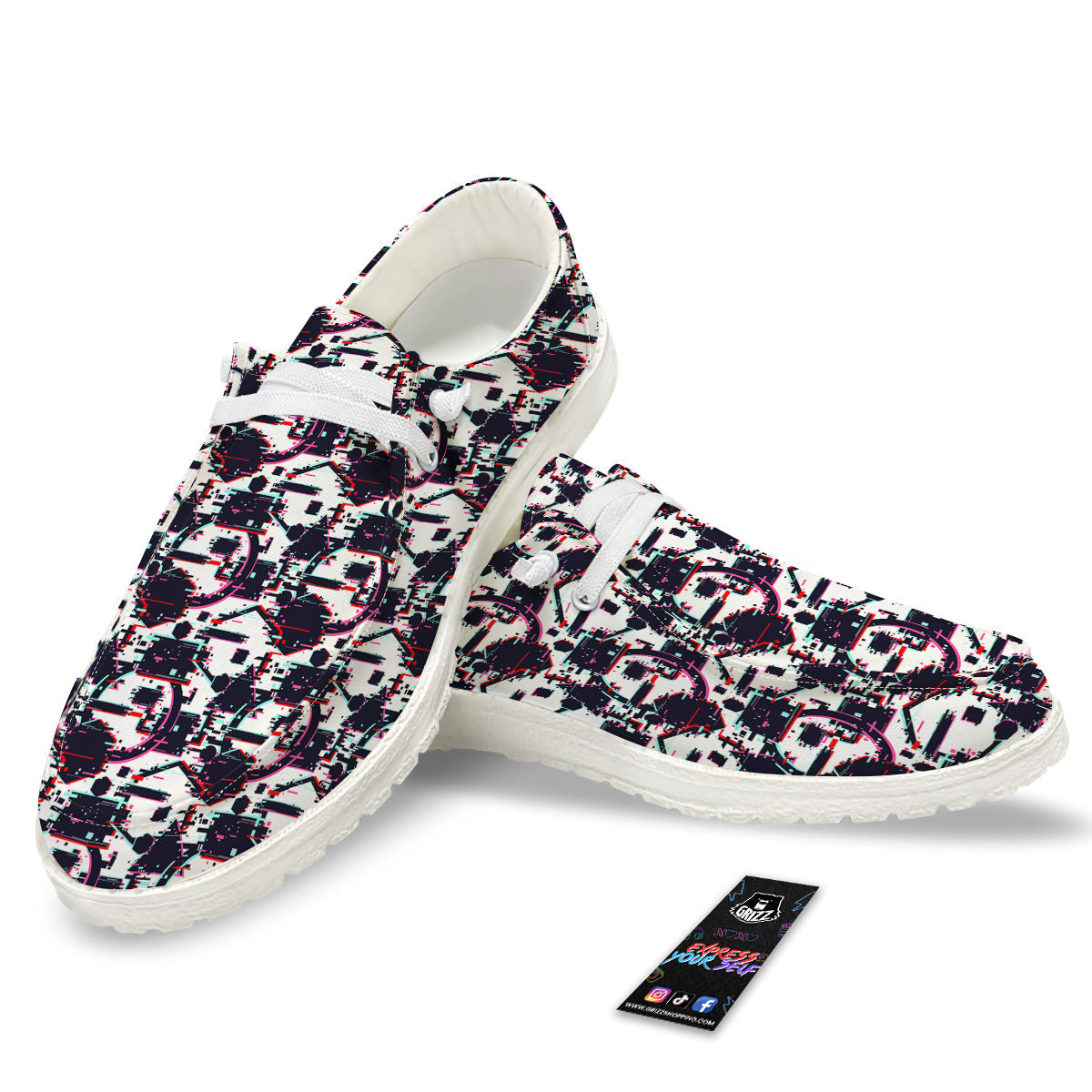 Glitch Effect Print Pattern White Loafers-grizzshop