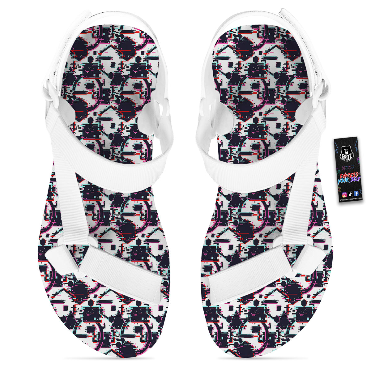Glitch Effect Print Pattern White Open Toe Sandals-grizzshop