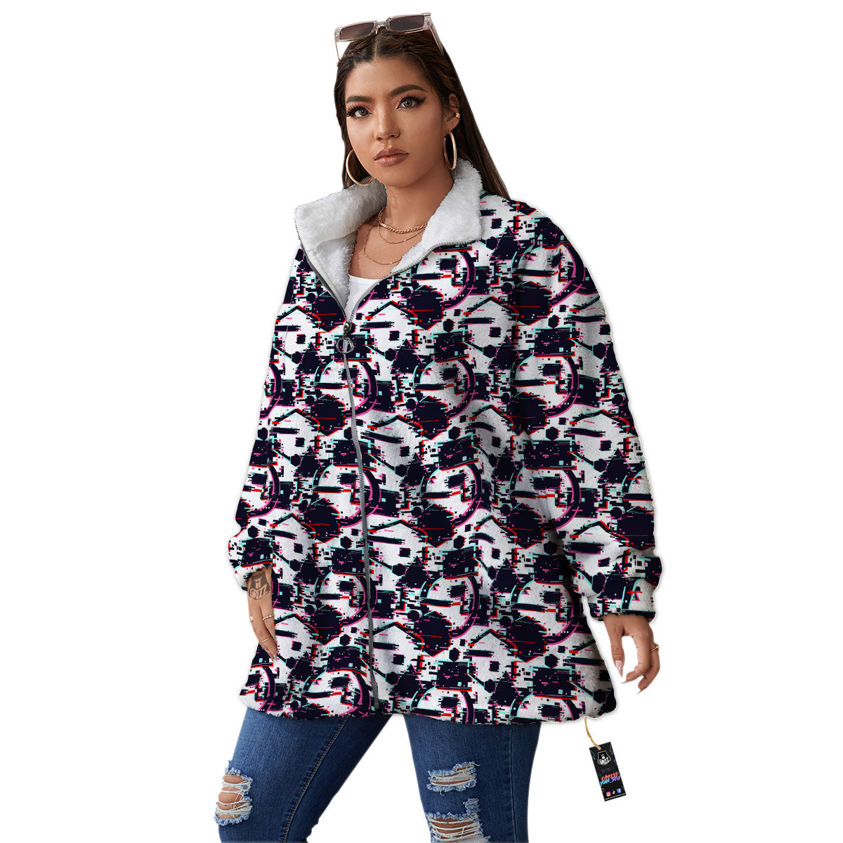 Glitch Effect Print Pattern Women's Sherpa Jacket-grizzshop
